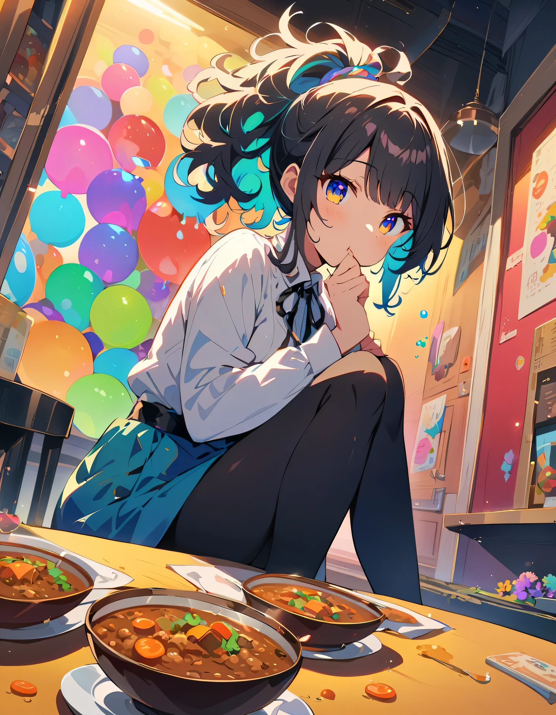 (masterpiece), (highest quality), (Super Detail), (Disheveled Hair), (figure), (One Girl), (Fashionable clothes), Sitting, (Eating Massaman curry)、Beautiful Eyes, Delicate and beautiful face, floating, (High saturation), (Colorful Splash), Colorful bubbles, (Shine), Focus on the face, ponytail, Random color hair, bangs, Hair Ring, floating Flowers, floating Hairs, (The Shining), Best lighting, Best Shadow、(highest quality、masterpiece、High resolution、detailed)、anime style、Flat Style、(shine eyes、Beautiful Face), BREAK,anime、Inside the restaurant