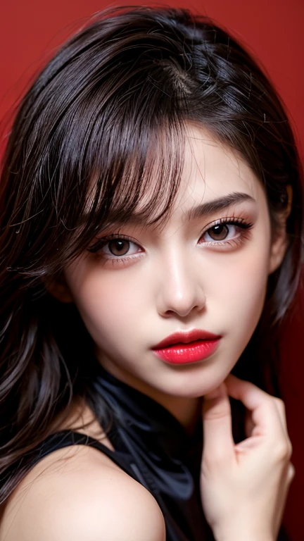 (8ก, Highest quality: 1.2), Extremely detailed, thorough resolution, (realistic, realistic photo: 1.37), Portrait, high definition RAW color photograph, professionally arrested, high definition and beautiful, high definition, 8ก Image wallpaper, Amazing details, Big file size, highly detailed beautiful girl, Extremely detailed face, Finely defined eyes, The skin has a fine texture., Every feature is meticulously displayed., The fingers were neatly outlined., The nose has a precise shape., expressive lips red lipstick , perfect anatomy, background is not blurred, one story, (20:1.2), Twenty generations, cute girl, realistic