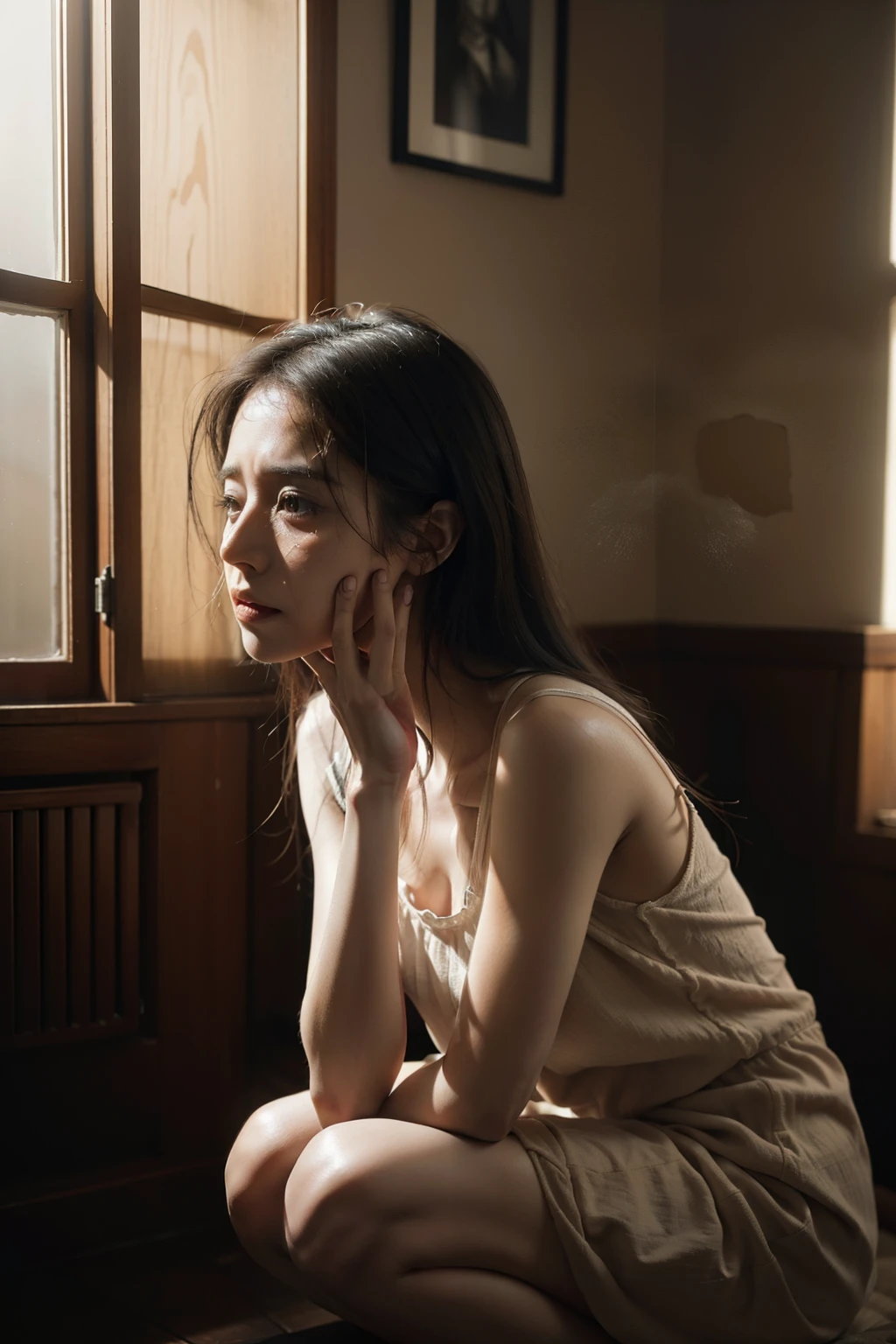A drug-addicted wife cries dramatically on her knees, ultra-realistic tears streaming down her face, expression etched with deep sadness. Her worn-out clothing clings to her thin frame, skin taut from malnutrition. The room is dimly lit, casting long shadows that add to the depressing atmosphere. Detailed eyes, red and swollen from lack of sleep and excessive drug use, reflect the despair in her soul. Dust particles dance in the beams of sunlight filtering through the window, adding a grainy texture to the image. The scene is a heart-wrenching masterpiece of raw emotion.