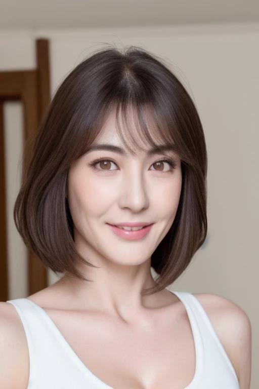 (highest quality, High resolution)))), Very detailed8K,A middle-aged Japanese woman with a glamorous body, around 50 years old, (Ultra HD, Very detailed, Very detailed, Very realistic, Ultra-Realistic Skin, Realistic photos), (1 girl:1.5), Long hair with big waves and light highlights, Bobcut, (Dynamic pose), An excited look、To the camera, A light smile, Purple eyes, (Nadium Chest: 1.2), (Beautiful and elaborate face, Fine and beautiful eyes), White tight tank top, Transparent material), Cleavage, , dripping sweat, ),Black Stockings、Loose skin、Heavy makeup、Inside the house、Brown eyes、Gloss lips、Thin eyebrows、Brown Skin