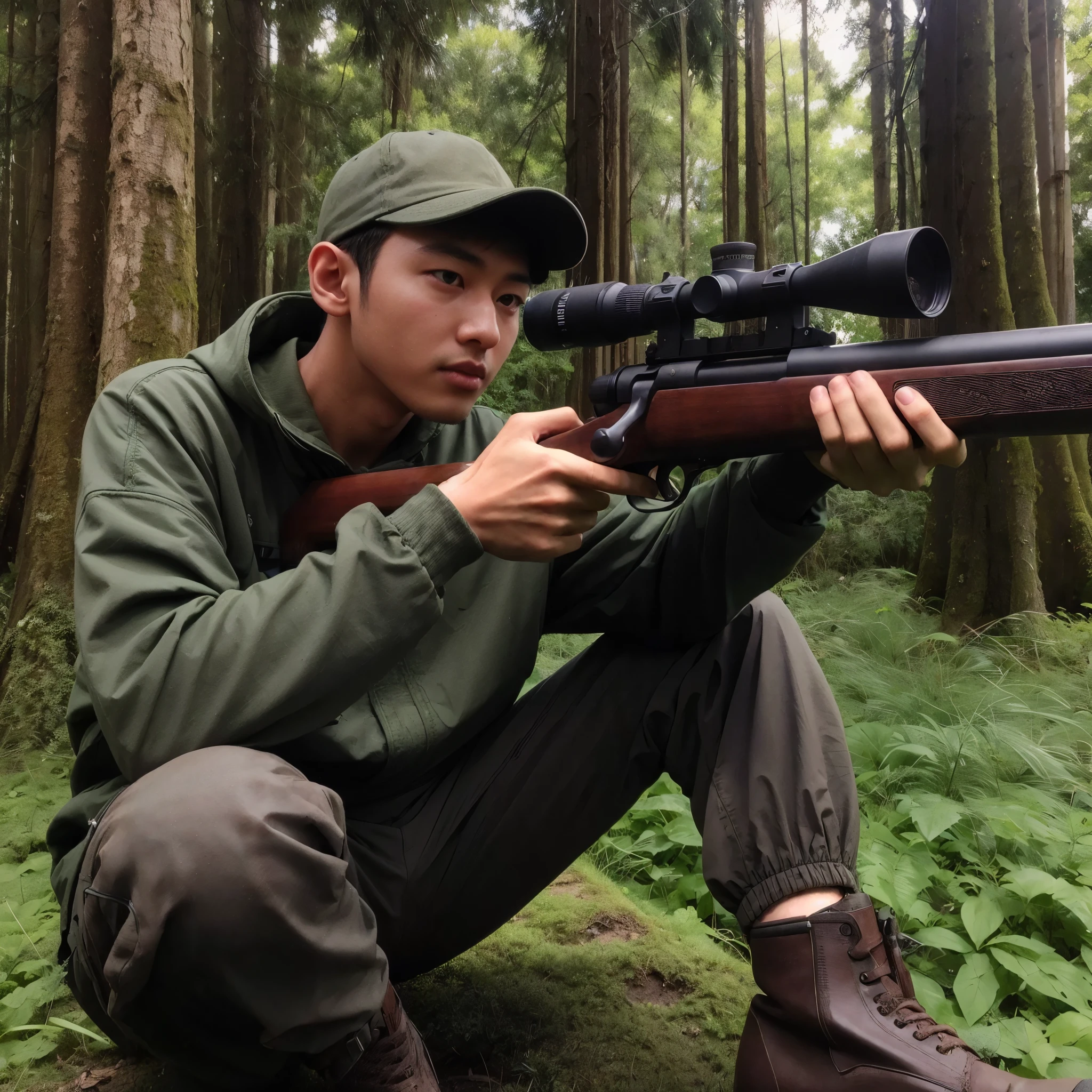 arafed man in a green jacket and hat crouches down while holding a rifle, with rifle, shooting pose, holding rifle, holding a rifle, holding a sniper rifle, cai xukun, profile shot, yanjun chengt, top shot, profile picture 1024px, steve zheng, realistic shot, professional shooting