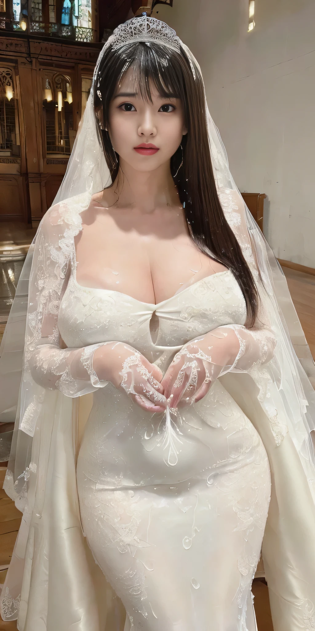 (highest quality, 8k, 32k, Tabletop, Hmph:1.The pagoda of gorgeous Japanese women, One Girl, (Beautiful girl, Beautiful girl with a perfect body and glamour:2.0), ((sweet:2.0)), (1 old:1.8), ((very young face:1.75)), Very fine grain definition, (Symmetrical eyes:1.1), Very detailed lip definition, (slightly thick lips:1.75), Very detailed eyebrow definition, (very thin and straight、It's a little thicker only near the nose.:1.4), ((Super detailed church chapel 1.8)), ((Semen soaked church chapel:1.85)), ((very big chapel)), (ultra-detailed wedding dress figure, highly detailed wedding dress costume:1.99), (super detailed pantyhose:1.5), (red color wedding dress), ((Very large breasts:2.0)), The eyes are brown, parted bangs, Black Hair, Chiquita, ((Highly detailed hair)), ((Very long straight hair:1.85)), ((Ultra-precise representation of semen:1.9)), ((High-definition reproduction of the whole body covered in semen:1.95)), (highly detailed eyes and face:1.85), perfectly trimmed fingers, Highly detailed lighting,Frank,photograph,Super detailed and very high resolution,4K,8k, 32k, Nogizaka Idol, actress, Korean Idols, actress, queen of porn, sex symbol
