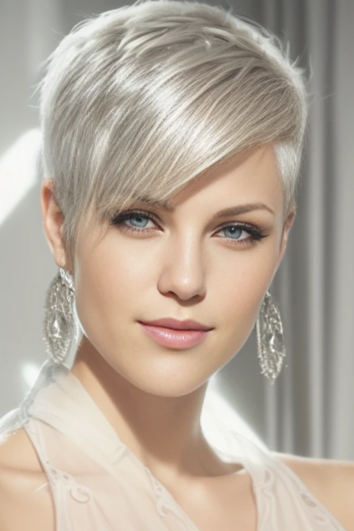 a close up of a woman with a short blond haircut, pixie hair, pixie cut, absolutely gorgeous, short silver hair, short white hair shaved sides, pixie haircut wlop, very short hair, pixie haircut, short grey hair, short white hair, really short hair, white short hair, short shaved hair, short silver grey hair, short hair on sides of head