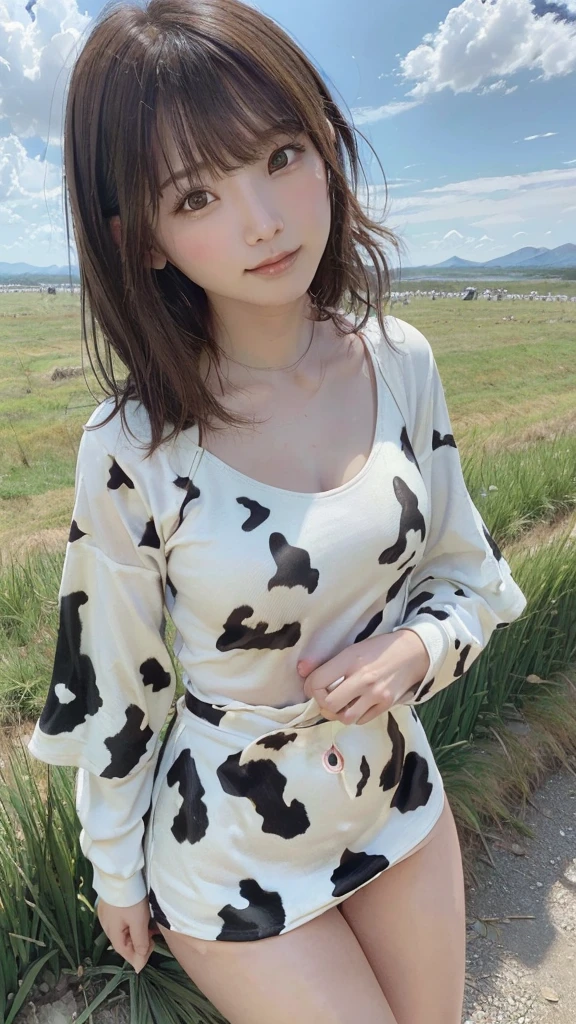 (8k, RAW Photo, Best Quality, Masterpiece: 1.3), breakone girl, (a beauty girl, delicate girl:1.3), (21 years old:1.5), break, (Simple summer clothes), break, Extremely fine grain definition, (Symmetrical eyes:1.3), break, Small breasts, Brown eyes, Parted bangs, brown hair, girl, break, (Eye and facial details:1.3),A cheerful smile, (In the grasslands of Hokkaido:1.3),(Herd of cows:1.3),