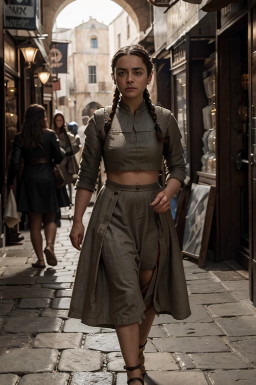 Arya Stark from GoT in a sexy cropped dress, braided hair, puffy face, walking under the arcades with a view to the poor quarter of Kingslanding, walking with a maid of hers, 8k, uhd, detailed puffy face, eyes, body