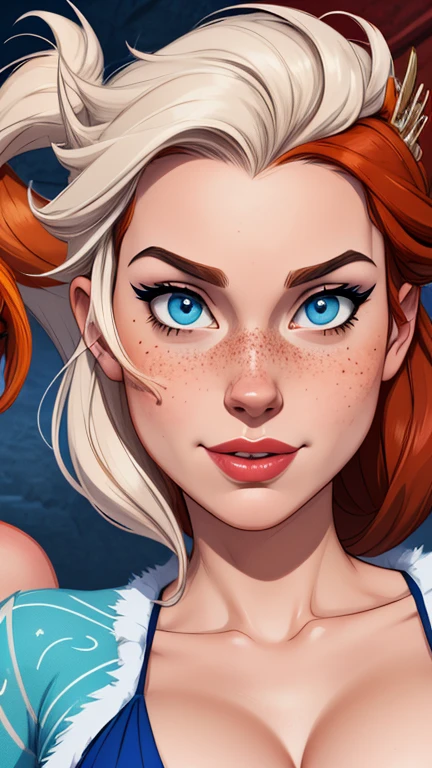 Beautiful portrait mode pose Cartoon character character in dynamic pose two women together with freckles on their faces Disney princess Queen Anna of Arendelle with 1,60cm on the left and along with a symmetrical body and beautiful breasts, corpo bem definido, delicado e sensual, estilo de desenho animado, digital illustration Portrait mode 