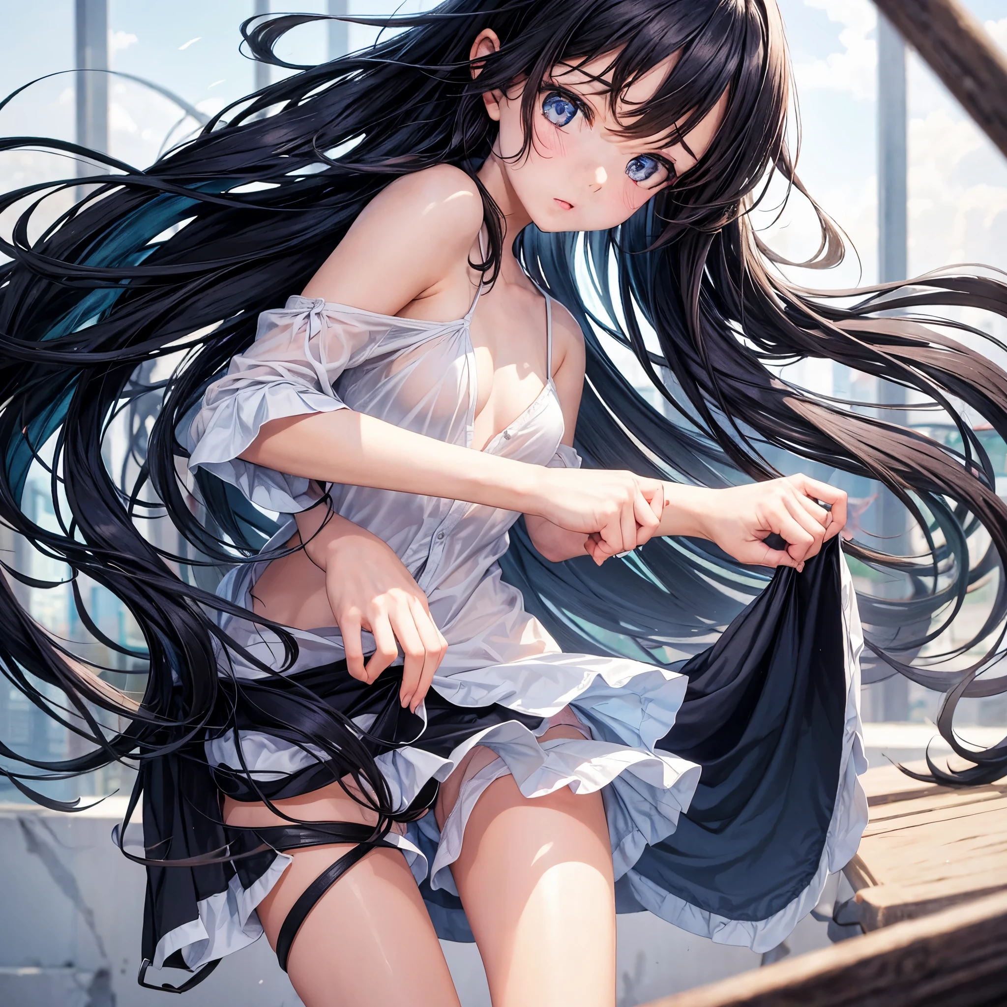 One girl down on flat without dress
