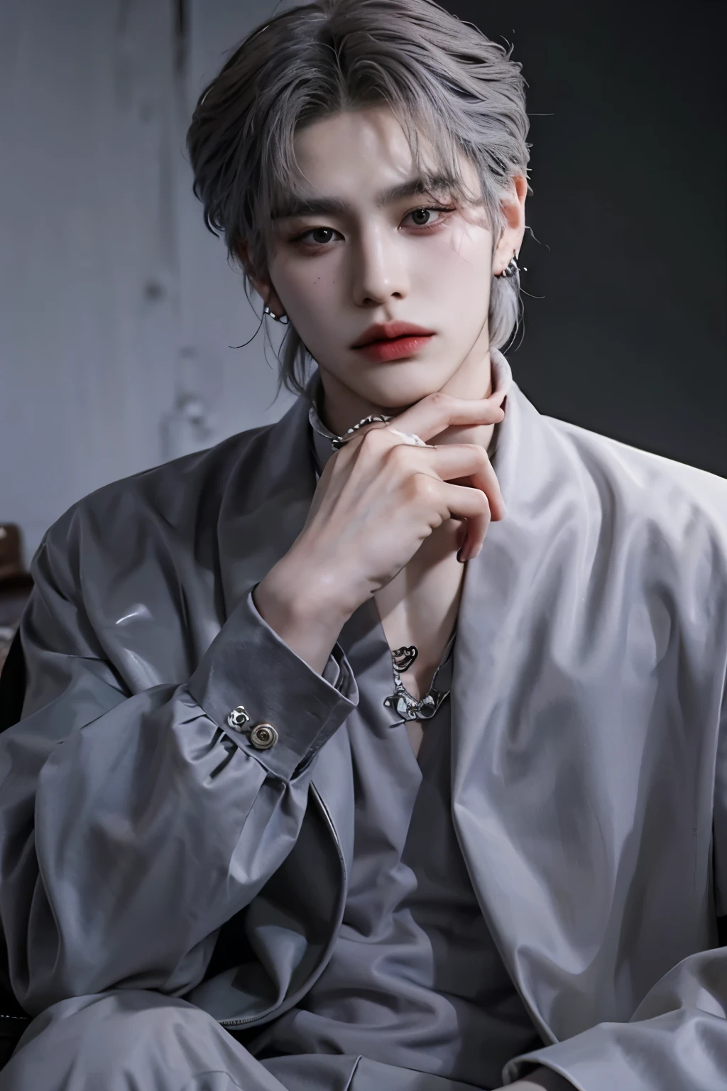 master piece, highest quality, High resolution, solo,real、spread your hands,((Ulzzang)),((bad boy)),sexy look,I can see the whole body,((Is the whole body in the frame?)),((male)),((coat)),(earrings),((sensual eyes)),((Gundam in the background)),((hand pose)),(lens 70mm),((perfect hands)),((gray hair))、Chi Zun Chun、No makeup、medium hair、CHANEL