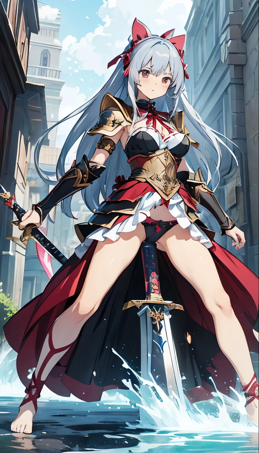 Anime style woman with sword and armor, anime fantasy, Anime Art 4K, Anime Art4k, Best Anime 4K, Anime Art, Amazing artwork from anime, anime fantasyアートワーク, 4K Anime, Are standing,Don'Don't sit,((beautiful girl、blush、Red Eyes、サイドもLong Hair、Red and black armor、very slim figure、C Cup、Well shaped breasts、とても細いWaist、とても細いfeet)),Red eyes,((Armor is neck、shoulder、arm、Waist、3cm frill skirt、feet、(Pink Ribbon Panties、Panties are clearly visible))、Long Hair、Silver Hair、Red ribbon、I can see your belly、In his right hand he holds a red long sword、Black wings behind、whole body