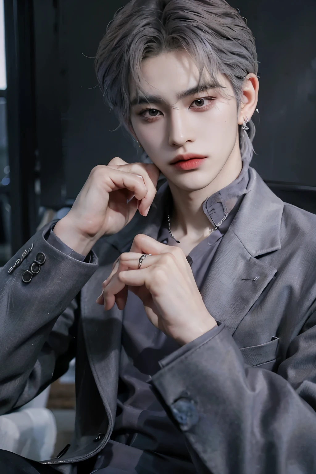 master piece, highest quality, High resolution, solo,real、spread your hands,((Ulzzang)),((bad boy)),sexy look,I can see the whole body,((Is the whole body in the frame?)),((male)),((coat)),(earrings),((sensual eyes)),((Gundam in the background)),((hand pose)),(lens 70mm),((perfect hands)),((gray hair))、Chi Zun Chun、No makeup、medium hair、CHANEL