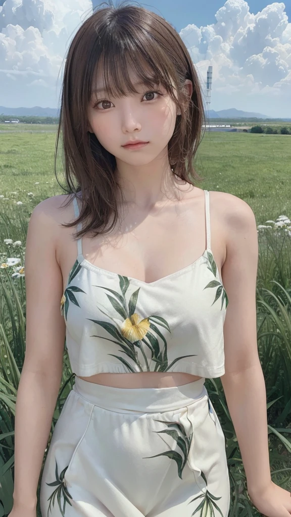 (8k, RAW Photo, Best Quality, Masterpiece: 1.3), breakone girl, (a beauty girl, delicate girl:1.3), (21 years old:1.5), break, (Simple summer clothes), break, Extremely fine grain definition, (Symmetrical eyes:1.3), break, Small breasts, Brown eyes, Parted bangs, brown hair, girl, break, (Eye and facial details:1.3),A cheerful smile, (In the grasslands of Hokkaido:1.3),