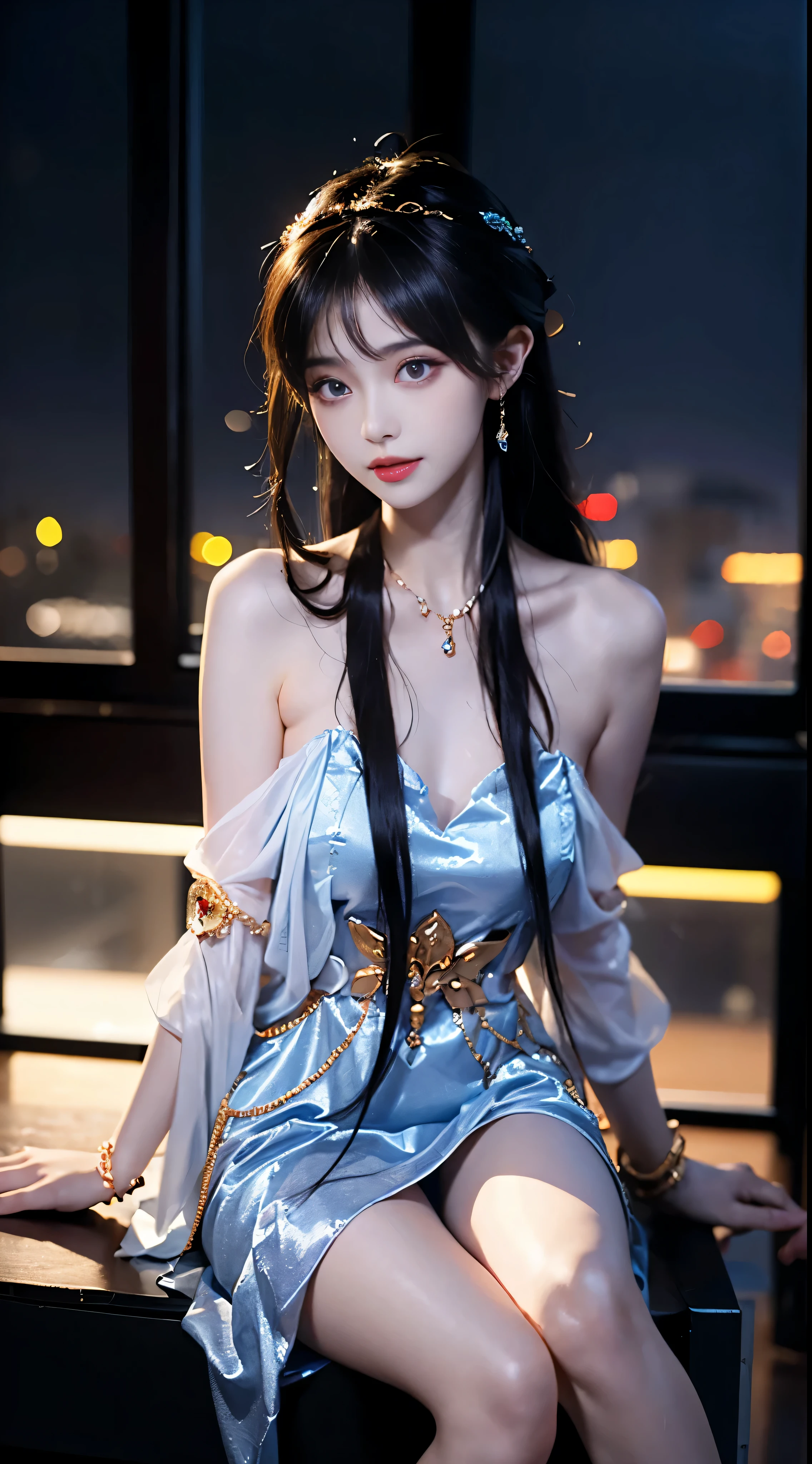 yinziping,china dress,((whole body)), ((Shot from random angles)), ((sitting position)), ((in the classroom, sitting on the podium)), (Yushuxin,1 girl,alone), clear face, pretty face, 8k, masterpiece, original photo, best quality, detail:1.2,lifelike, detail, Very detailed, CG, Unite, wallpaper, depth of field, movie light, lens flare, Ray tracing, (extremely beautiful face, beautiful lips, beautiful eyes), complex, detail face, ((ultra detailed skin)), 1 girl, in the darkness, deep shadow, beautiful korean girl, kpop idol,(Very slim figure:1.3), plump breasts, big breasts, Slender sexy legs, very nice legs, elegant posture, (bright smile), (City night, (neon lights), (night), beautiful korean girl, white diamond earrings, diameter bracelet, Dia Necklace, clear eyes, (big eyes)