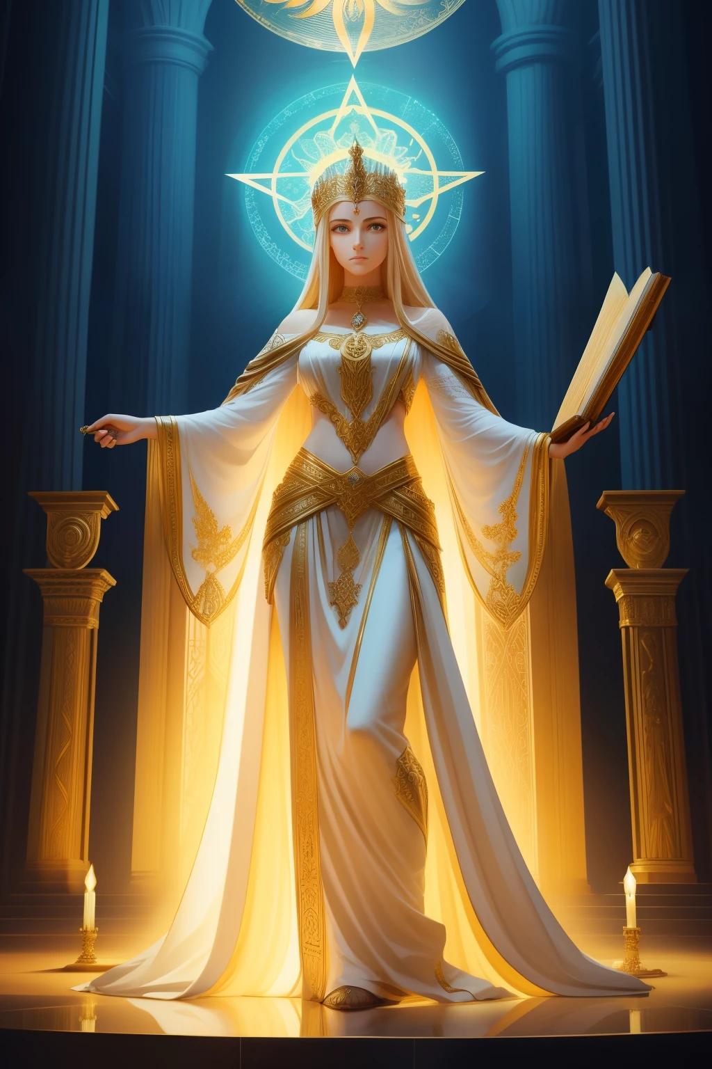 A digital artwork featuring a wise, scholarly figure holding a glowing book in one hand, symbolizing knowledge and consistency, with the Virgo symbol subtly embossed on the book's cover. The figure stands in a grand library filled with ancient books and scrolls, under a high ceiling with astrological symbols carved into the stone. The background is a blend of warm golds and cool silvers, with rays of light streaming in from a large, ornate window that casts a soft glow on the scene. The overall atmosphere is one of wisdom, integrity, and reverence, with a focus on the Virgo figure's poised and contemplative expression.