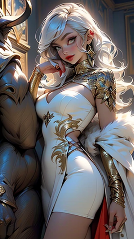 woman,1female,((milf,mom,mature,mature woman,45 years old female,adult)),(large breasts:1.5),saggy breasts,(((white hair:1.4,straight hair,long hair:1.4,colored inner hair))),((yellow_eyes:1.3)),intricate eyes,beautiful detailed eyes,symmetrical eyes,((((dark skin:1.4,lustrous skin:1.5,bright skin: 1.5,skin tanned,shiny skin,very shiny skin,shiny body,illuminated skin)))),(spider lower abdomen,narrow waist,wide hip,bimbo body,inflated legs,thick thighs,delicate detailed fingers),(((detailed face))),
cute,slutty,sensual,seductive look,seductive,((erotic)),opulent,sumptuous,longingly,((nsfw)),
queen,goddess,fantasy,(beautiful winter silver clothes,silver silk),((strapless red dress,very long red skirt,red dress)),(silver clothes),(((ice jewelry,intricate necklace,christmas jewelry,detailed outfit))),cleavage,silver silk,((eyeshadow,elegant makeup,eyelid makeup,gold lips,gold lipstick)),((Transparent cloth:1.1)), (((Sexy white fur coat, white fur coat outfit, wearing a white fur coat:1.3,winter white coat))),red gloves,(((intricate outfit,intricate clothes,embroidered outfit,ornate outfit,embroidered clothes,ornate clothes))),
(dynamic pose:1.0),embarrassed,(centered,scale to fit dimensions,Rule of thirds),
inside,indoor,((cozy gothic room)),scenery:1.25,((intricate scenery)),((winter decorations)),
(Glossy winter ornaments),highres,sharp focus,(ultra detailed,extremely detailed),(photorealistic artwork:1.37),(extremely detailed CG unity 8k wallpaper),(((vibrant colors,vibrant theme))),(intricate),(masterpiece),(best quality),artistic photography,(photography taken by sldr),(intricate background),perfect rendered face,perfect face details,realistic face,photo realistic,analog style,((intricate detail)),(((realism))),