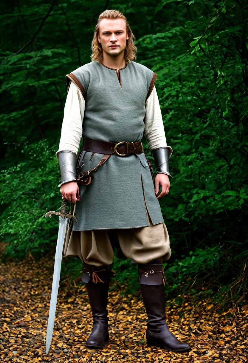 In a historically accurate portrayal of Siegfried of Xanden from the Nibelung Saga, the legendary hero is depicted in attire true to the period and setting of the epic tale.
Clad in garments characteristic of the Germanic tribes of the early Middle Ages, Siegfried wears a tunic made of wool or linen, dyed in earthy tones and adorned with intricate embroidery along the edges. Over his tunic, he dons a sleeveless jerkin or overtunic, providing additional warmth and protection.
His trousers are simple and practical, made of sturdy fabric such as wool or leather, and cinched at the waist with a leather belt adorned with metal buckles or clasps. Hanging from his belt are various pouches and containers for carrying essentials such as food, tools, and perhaps even treasure plundered from his adventures.
On his feet, Siegfried wears leather boots, laced tightly to provide support and stability during long journeys and battles. His attire is complemented by a cloak made of wool or fur, worn draped over his shoulders for added warmth and protection from the elements.
Adhering to historical accuracy, Siegfried's clothing eschews embellishments and excess, reflecting the practical nature of the time and his status as a heroic warrior of the Germanic tribes. This portrayal offers a glimpse into the world of the Nibelung Saga, grounding the legendary figure in the historical context of the early medieval period.