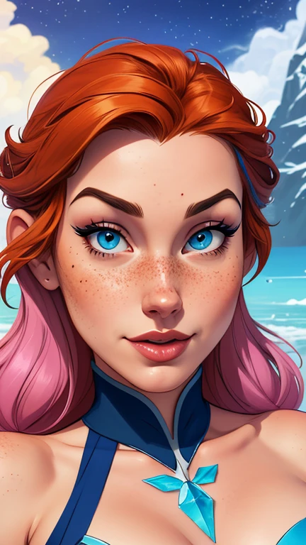 Beautiful portrait mode pose Cartoon character character in dynamic pose two women together with freckles on their faces Disney princess Queen Anna of Arendelle with 1,60cm on the left and along with a symmetrical body and beautiful breasts, corpo bem definido, delicado e sensual, estilo de desenho animado, digital illustration Portrait mode