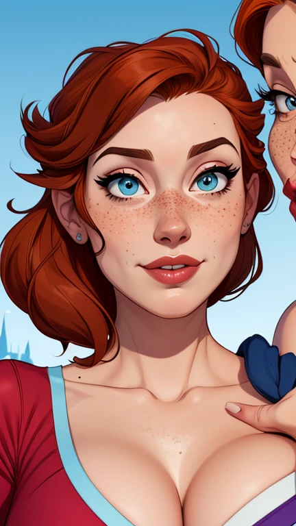 Beautiful portrait mode pose Cartoon character character in dynamic pose two women together with freckles on their faces Disney princess Queen Anna of Arendelle with 1,60cm on the left and along with a symmetrical body and beautiful breasts, corpo bem definido, delicado e sensual, estilo de desenho animado, digital illustration Portrait mode
