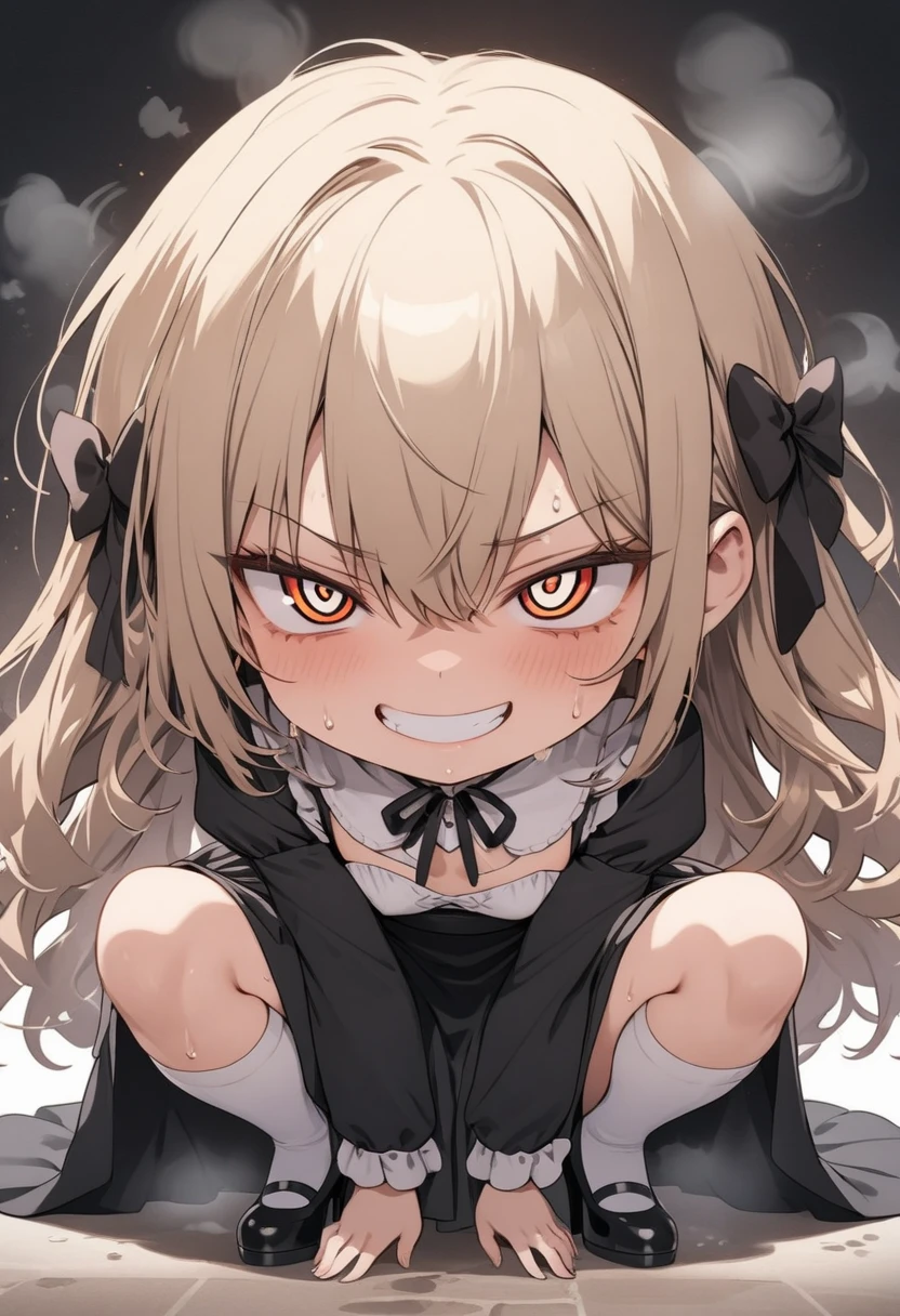 Maid clothes, long skirt,Thigh-high socks,High heels,squatting open legs,(small body:1.5),chibi,(grin:1.3),(stare at viewer with stern eyes:1.3),(sweat:1.3),(steam),