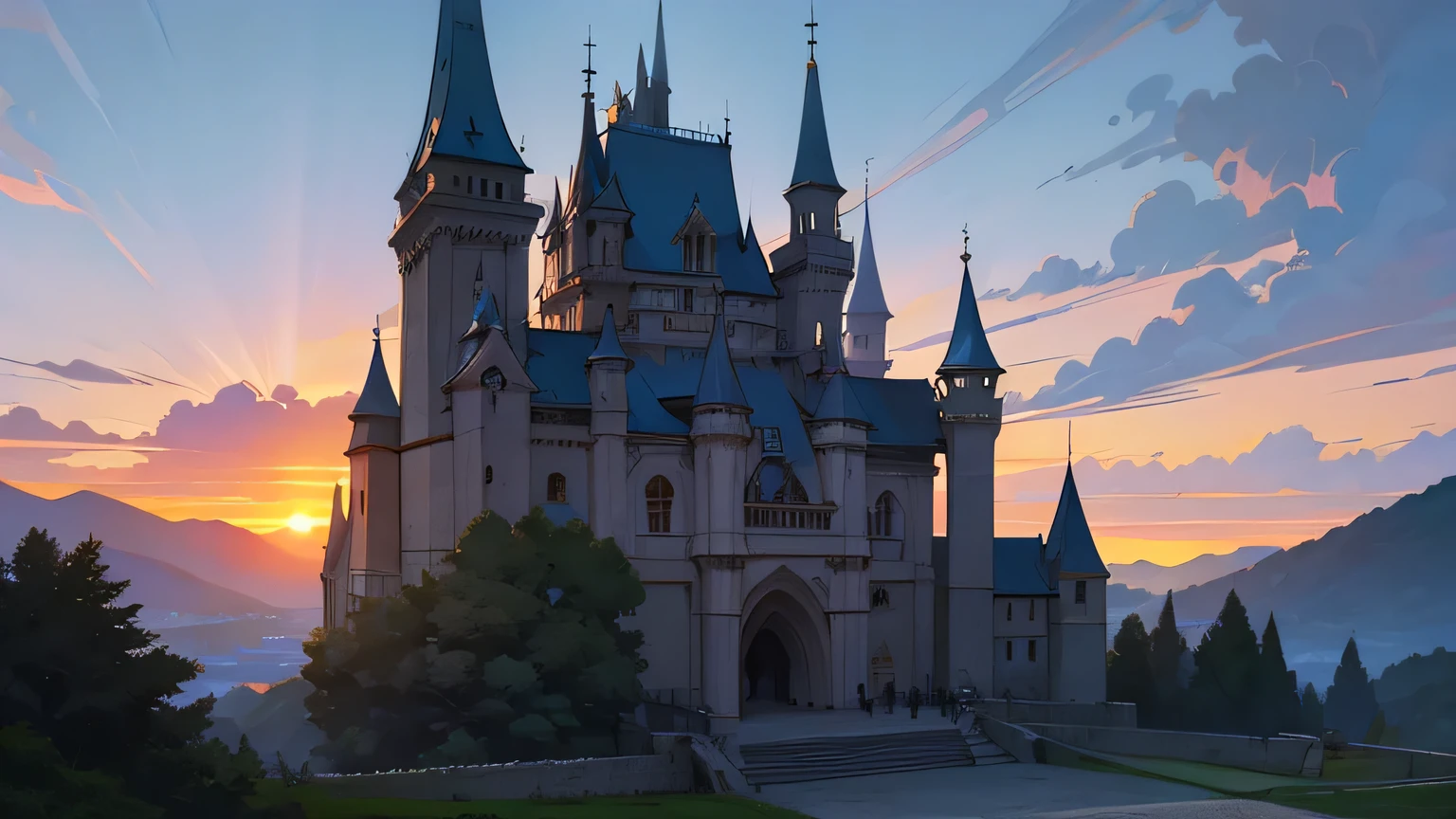 beautiful Michel mountain castle,illustration,medieval architecture,vintagey feel,long winding staircase,gorgeous sunset,ethereal light,impressive stone walls,detailed carvings and sculptures,historical masterpiece,romantic atmosphere,vibrant colors,expansive view,hidden gardens,blue sky,towering turrets,overlooking the countryside