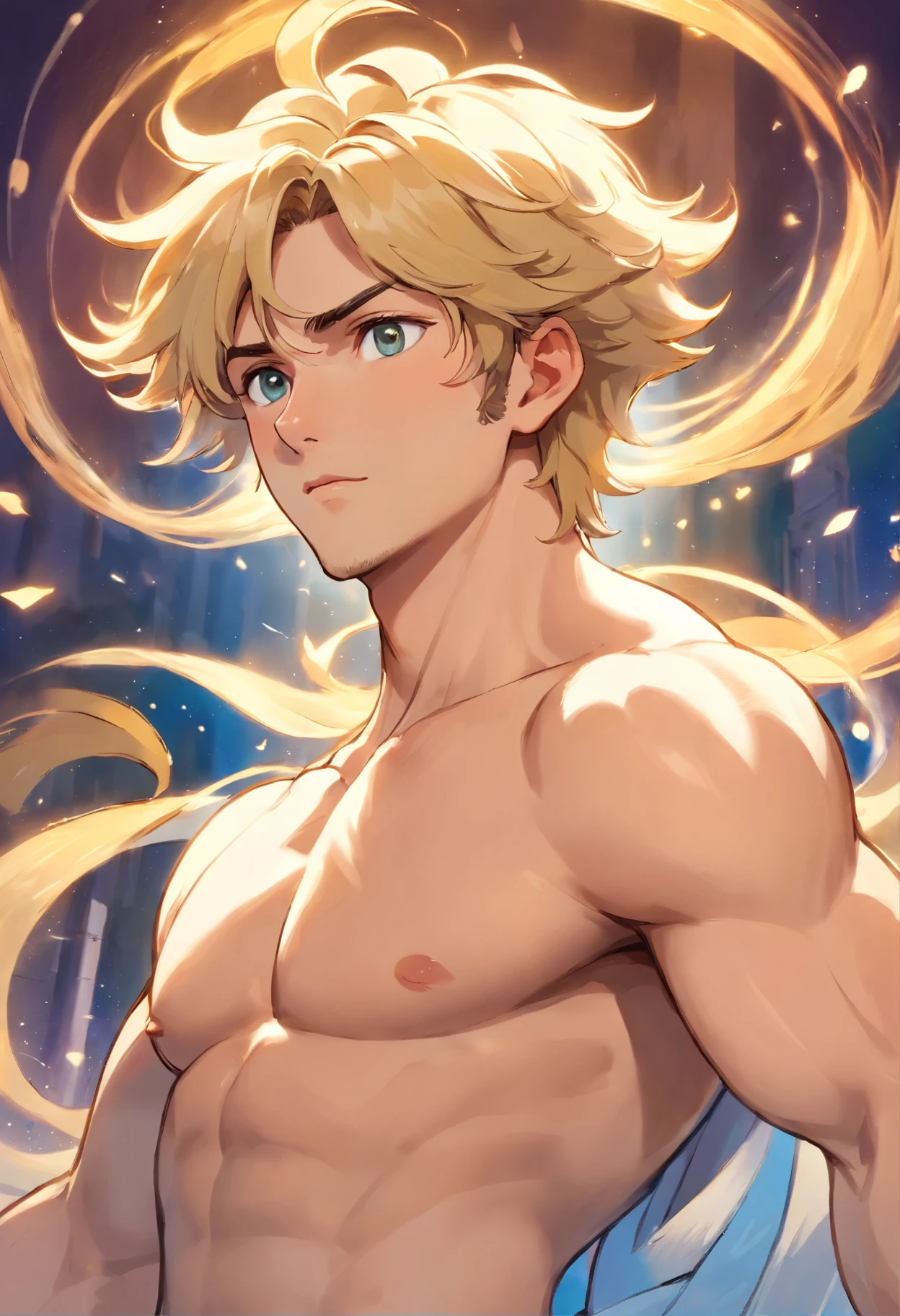 Portrait of an elegant beautifull mighty God unleashing all his powers, digital painting in the style of Robert Liberace, dynamic action poses of stout god apollo, god of light a d art, greek god, blond hair, male, youbg, handsome, upper body, muscular, hairy torso, fantasy, completely naked. Uncircumcised erect penis, blonde pubic hair, intricate, elegant, highly detailed, digital painting, art station, concept art, soft, sharp focus, illustration, art by Robert Liberace, Gaston Bussiere and Alphonse Mucha, klimt, art deco