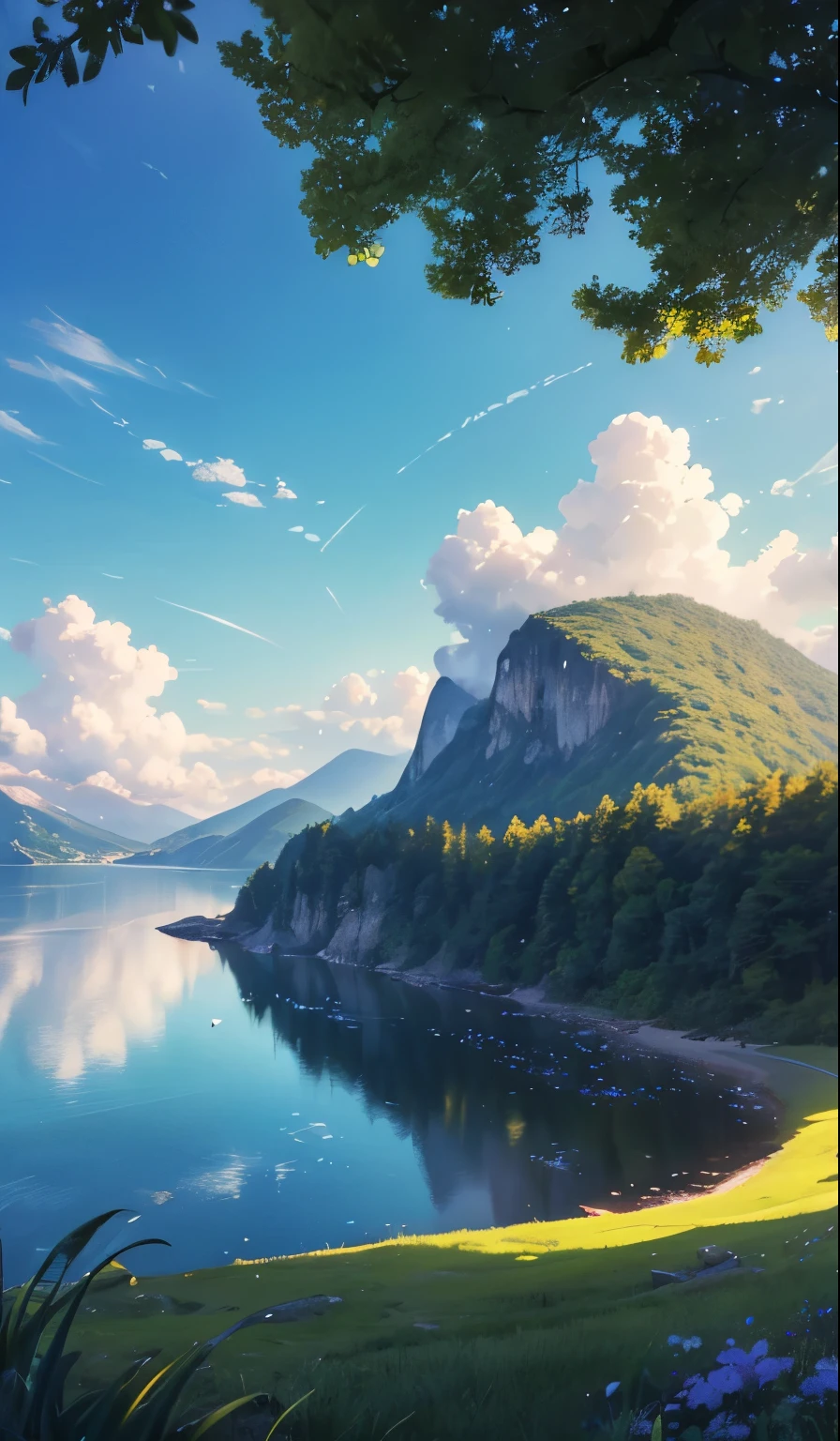 (best quality,4k,8k,highres,masterpiece:1.2),ultra-detailed,realistic,anime inspired port,ship,natures view,seaside,calm atmosphere,pastel colors,rays of sunlight,waves crashing,gentle breeze,lush greenery,sailboats in the distance,crimson sunset,clouds drifting,tranquil mood,peaceful setting,serene horizon,coastline,seagulls flying,water reflections,seaweed swaying,soft brushstrokes,smooth texture,majestic sky,harmonic composition,width panoramic view,impressionist style,picture-perfect scenery,ethereal beauty,fantasy elements,luminous glow,pensive characters,fading shadows,distant mountains,emotive ambiance..(glowing fireflies and butterfiles )(greenery view)(bright blue shinning sky)(night view)(borkeh effect)(top angle view)