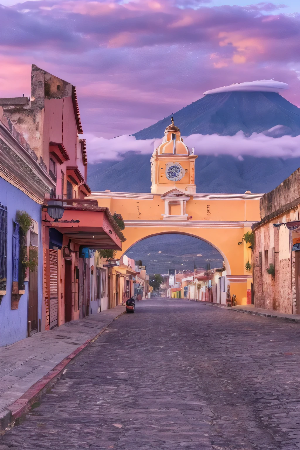 Aerial view of a street with a clock tower in the distance., edificios de colores brillantes, colonial era street, edificios coloridos, centro de mexico, mountains and a huge ancient city, en una ciudad con una rica historia, Increiblemente bonito, tlaquepaque, pueblo Viejo, city of pristine colors, ancient city streets behind her, volcanes al fondo, hermosa estetica