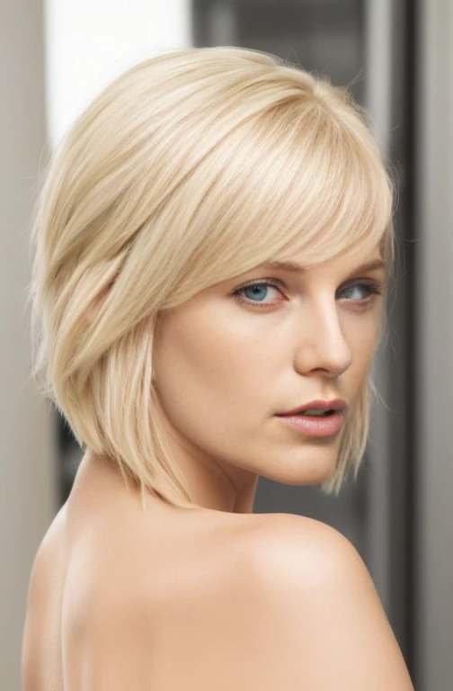 a close up of a woman with a blond bob with blue eyes, blond bob haircut, blonde short hair, short blonde hair with bangs, short blonde hair, short blond hair, short - medium length hair, short hair style, short bob hair, shiny bob haircut, bleached blonde short hair, bob cut hair, medium short hair, with a bob cut