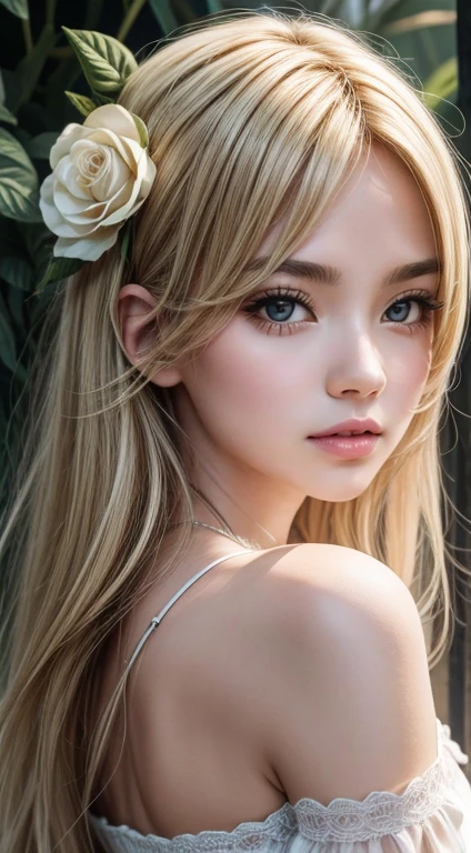 1 girl, Lonely, masterpiece, high quality, Upper Body, Blonde, Looking at the audience, Aisha Atugare, flower, hair flower, Simple Background,