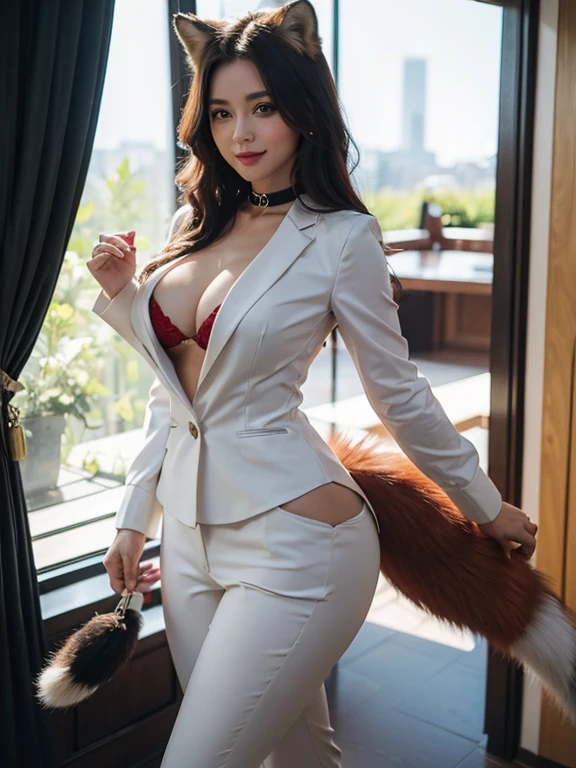 ((highest quality, 32k)), ((masterpiece)), (Familiar), Perfect Face, Fox Girl, Beautiful woman, public, Has a tail, She has a fluffy tail, She has a red fox&#39;s tail., She wags her tail, smile, bell collar, She is wearing a pantsuit, Beautiful Hips, Big Breasts, Big tail, A tail sticking out from a pantsuit, she turns around