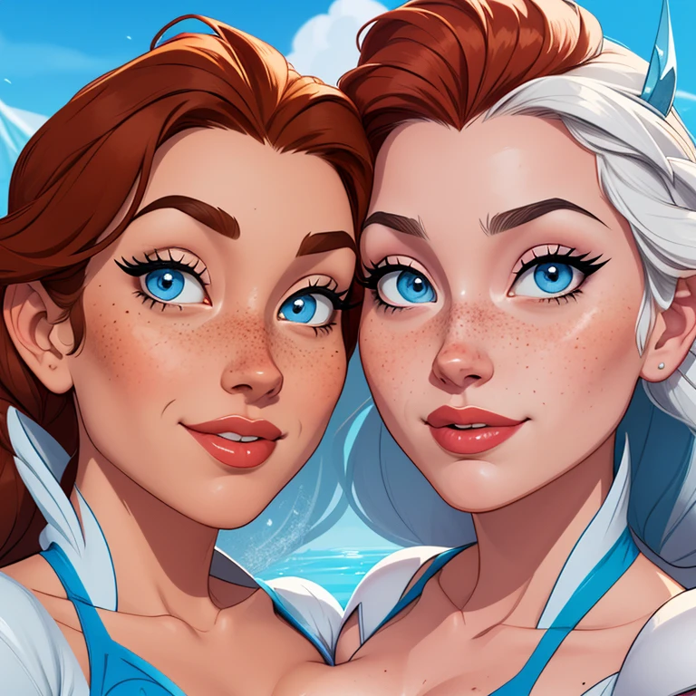 Beautiful portrait mode pose Cartoon character character in dynamic pose two women together with freckles on their faces Disney princess Queen Anna of Arendelle with 1,60cm on the left and along with a symmetrical body and beautiful breasts, corpo bem definido, delicado e sensual, estilo de desenho animado, digital illustration Portrait mode