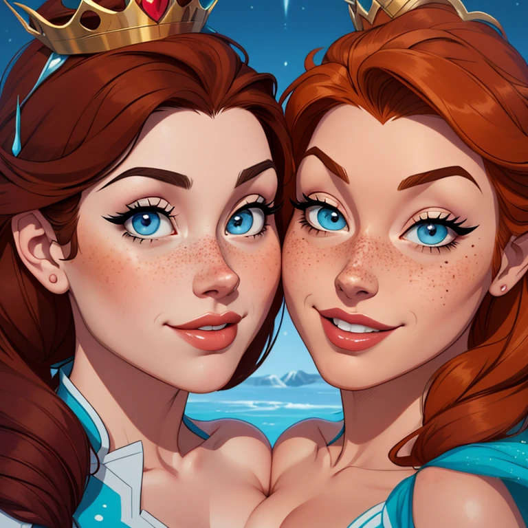 Beautiful portrait mode pose Cartoon character character in dynamic pose two women together with freckles on their faces Disney princess Queen Anna of Arendelle with 1,60cm on the left and along with a symmetrical body and beautiful breasts, corpo bem definido, delicado e sensual, estilo de desenho animado, digital illustration Portrait mode