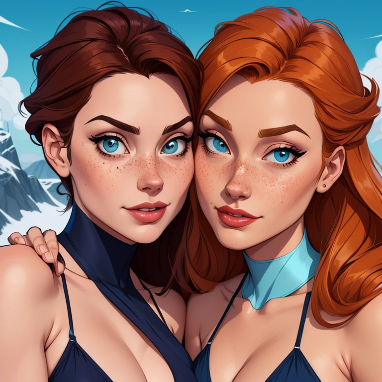 Beautiful portrait mode pose Cartoon character in dynamic pose two women together with freckles on their faces Disney princess Queen Anna of Arendelle with 1,60cm on the left and together with a symmetrical body and beautiful breasts, well-defined body, delicate and sensual, cartoon style, digital illustration Portrait mode a close up of two women Cartoon style digital illustration in bikinis in front of a mountain, artegerm e lois van baarle, artegerm e atey ghailan, uniform model | artegerm, artegerm e Genzoman, artegerm comic, as seen in artegerm, artegerm e wlop, artegerm and rossdraws style digital illustration cartoon style 