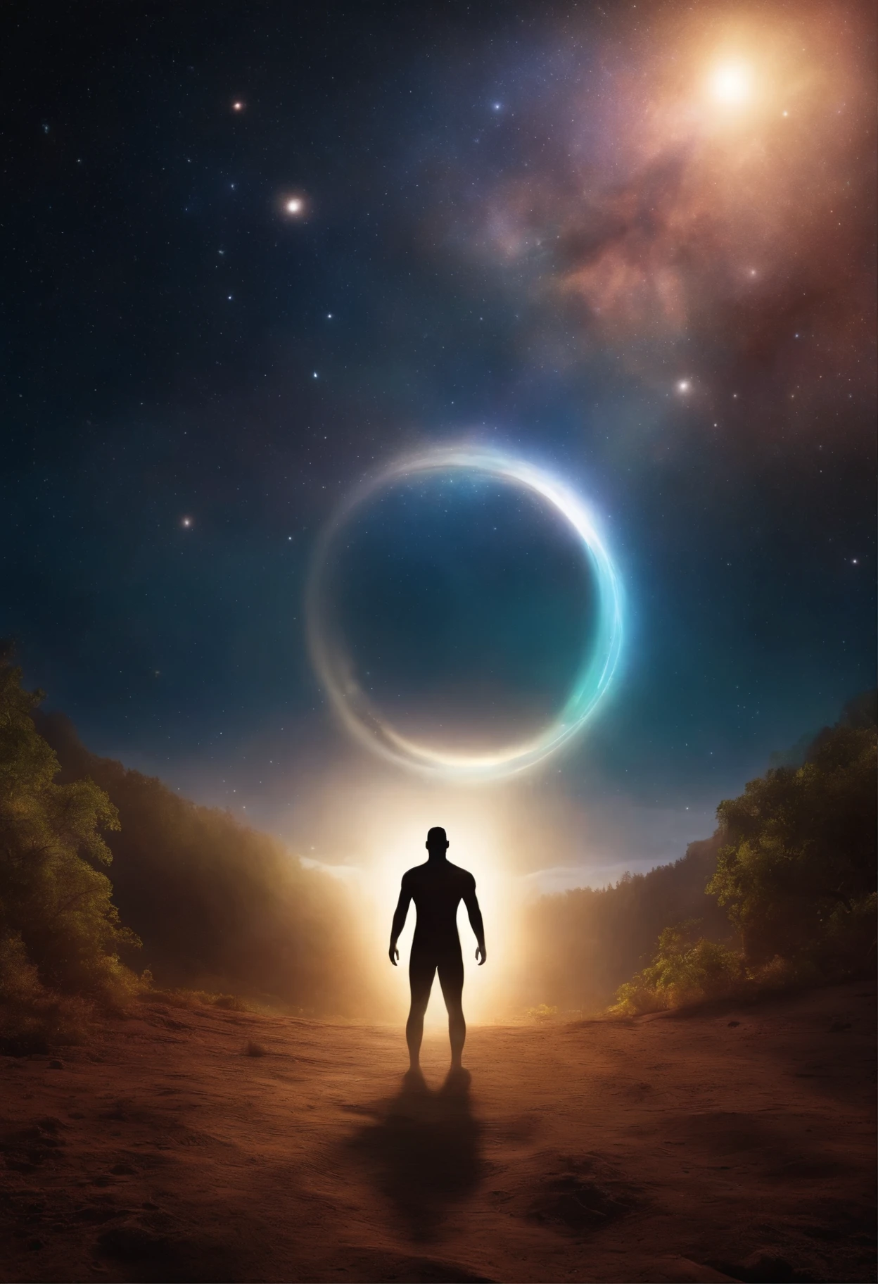 The greatest masterpiece background of this century. Unparalleled creative art. solitary art. A scene of high-dimensional loneliness that no one has ever seen before. A naked young black man. looking at the camera. Zoom in on the face. High resolution, photorealistic, very mysterious night sky, Milky Way. Meteor shower. rainbow black hole