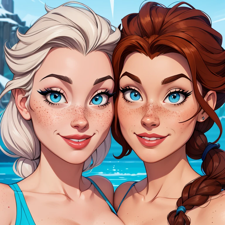 Beautiful portrait mode pose Cartoon character character in dynamic pose two women together with freckles on their faces Disney princess Queen Anna of Arendelle with 1,60cm on the left and along with a symmetrical body and beautiful breasts, corpo bem definido, delicado e sensual, estilo de desenho animado, digital illustration Portrait mode