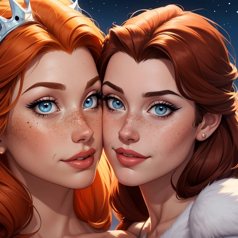 Beautiful portrait mode pose Cartoon character character in dynamic pose two women together with freckles on their faces Disney princess Queen Anna of Arendelle with 1,60cm on the left and along with a symmetrical body and beautiful breasts, corpo bem definido, delicado e sensual, estilo de desenho animado, digital illustration Portrait mode 