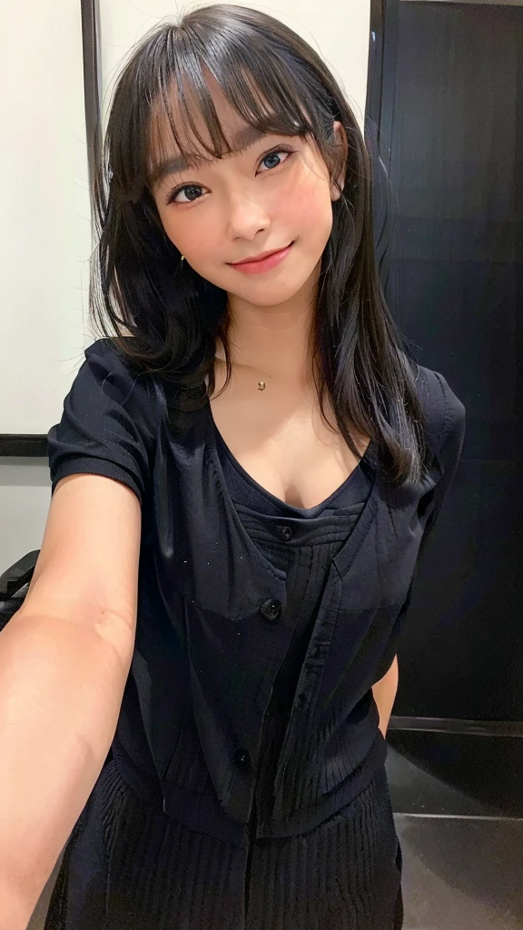 black shirt, cowboy shot, masterpiece, beautiful, (1girl, freya jkt48, lips, black eyes, closed mouth, smile, photorealistic:1.3), looking at viewer, nude, huge breast, proportional size breast, bathroom, ((Best quality, 8k,low pov, tight office suit, Masterpiece :1.3))