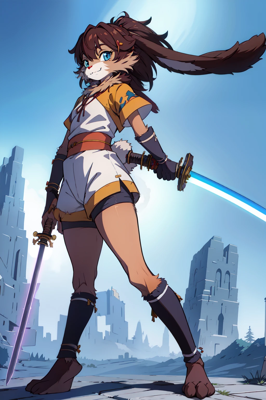 :3 smile, masterpiece, best quality, solo, rabbit, furry, fur, (detailed eyes:0.9), (detailed lighting, detailed shadows, depth of field:0.9), (standing:1.3), lop_outfit, night sky, torigate,  holding katana, energy sword, stance, reaching towards viewer,
 Part of background