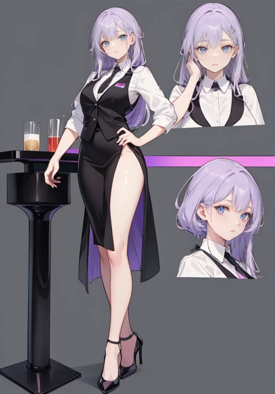 ((Perfect Face)),Purple Hair,voluminous long hair,1 female,bartender,suit,Black vest,Shirt with rolled up sleeves,tie,slit,High heels,,((Simple Background)),smile,((Full Body)),((full body)),Character portrait,VTuber,upright,,Both arms are down,Standing upright with face and body facing forward,