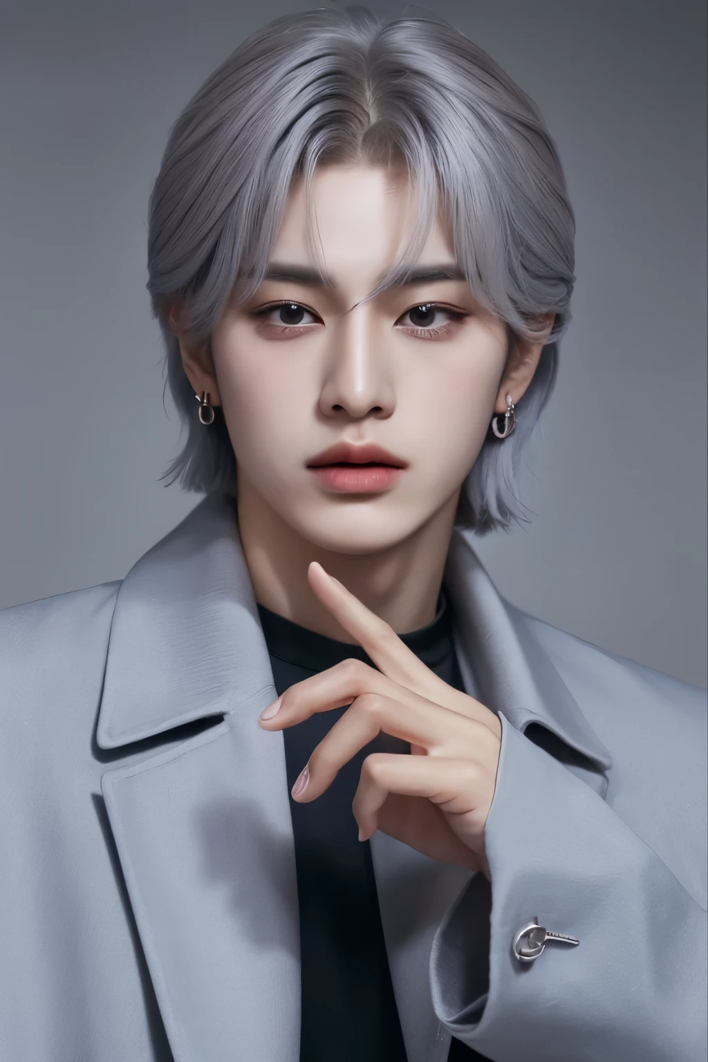 master piece, highest quality, High resolution, solo,real、spread your hands,((Ulzzang)),((bad boy)),sexy look,I can see the whole body,((Is the whole body in the frame?)),((male)),((coat)),(earrings),((sensual eyes)),((Gundam in the background)),((hand pose)),(lens 70mm),((perfect hands)),((gray hair))、Chi Zun Chun、No makeup、medium hair、CHANEL