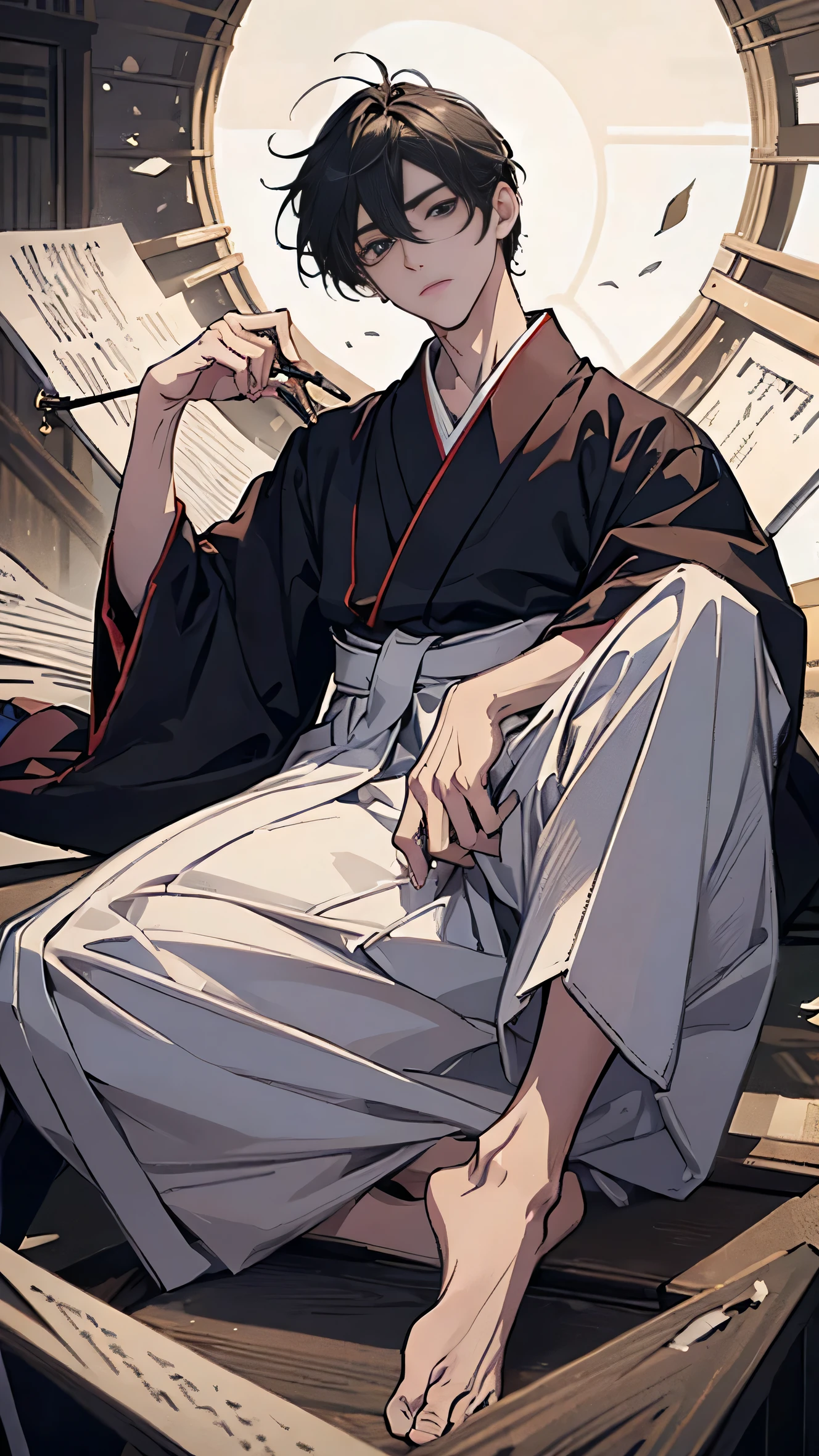 (masterpiece), (highest quality), (super detailed), ultra-detailed, (((male))), full body, male, Down to the toes, (((Hakama))), beautiful detailed eyes, delicate beautiful face, floating, Front facing