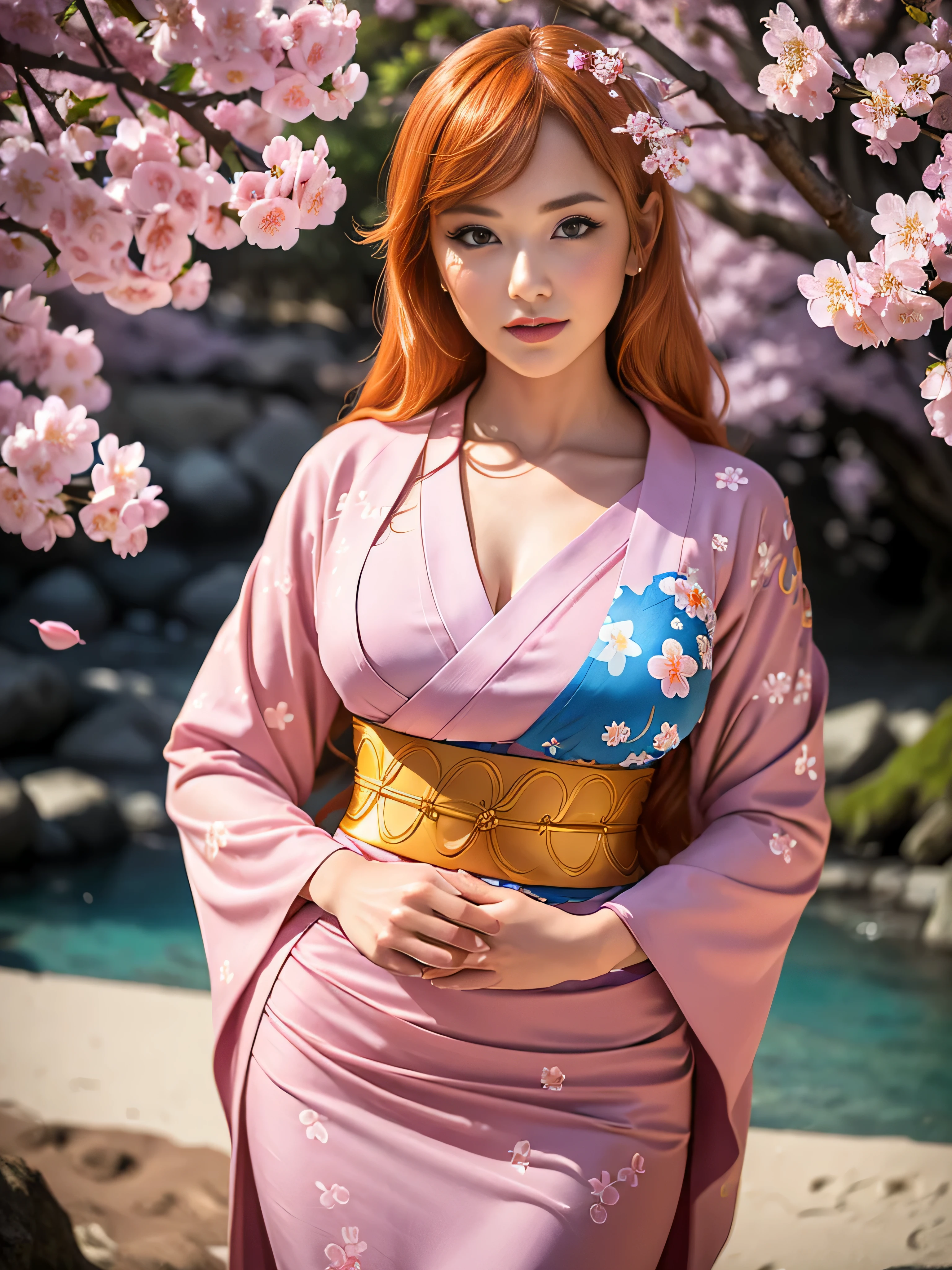 (masterpiece, best quality:1.4), (standing:1.5), (outside at the beach), 1girl, nami \(one piece\), 1girl, cherry blossoms, falling petals, gold, japanese clothes, kimono, long kimono, log pose, long hair, looking at viewer, open mouth, orange hair, petals, shoulder tattoo,, solo, (european youth woman:1), looking at viewer, beautifull smile, beautiful face, highly detailed face, highly detailed eyes, subsurface scattering, realistic pupils, full face blush, full lips, detailed background, depth of field, volumetric lighting, sharp focus, absurdres, realistic proportions, (realistic, hyperrealistic:1.4), 16k hdr