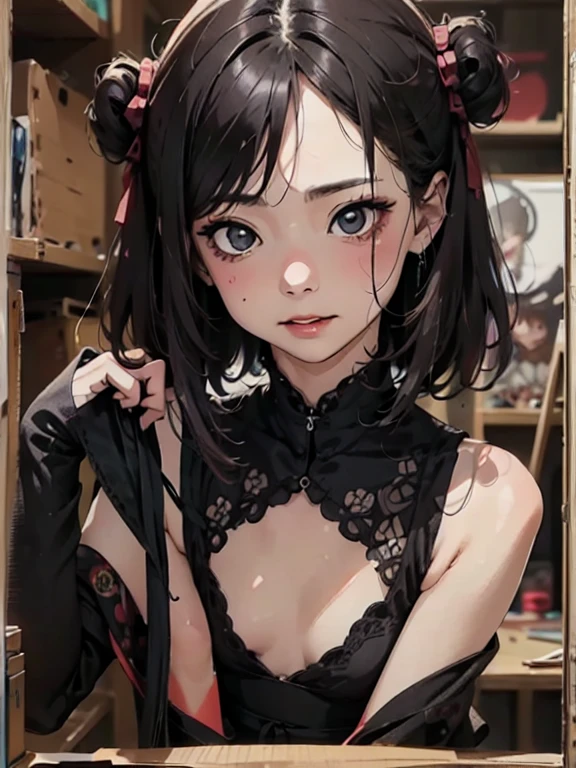 ((Hardcore Punk Girl))、((hell)), ((metal band poster)),Manga style, Horror elements, Comic style illustration, (drawing style), Japanese painting, whole body (spooky), Japan sculpture, primitive art, Circus, crazy illustration, Flat Illustration、Small eyes