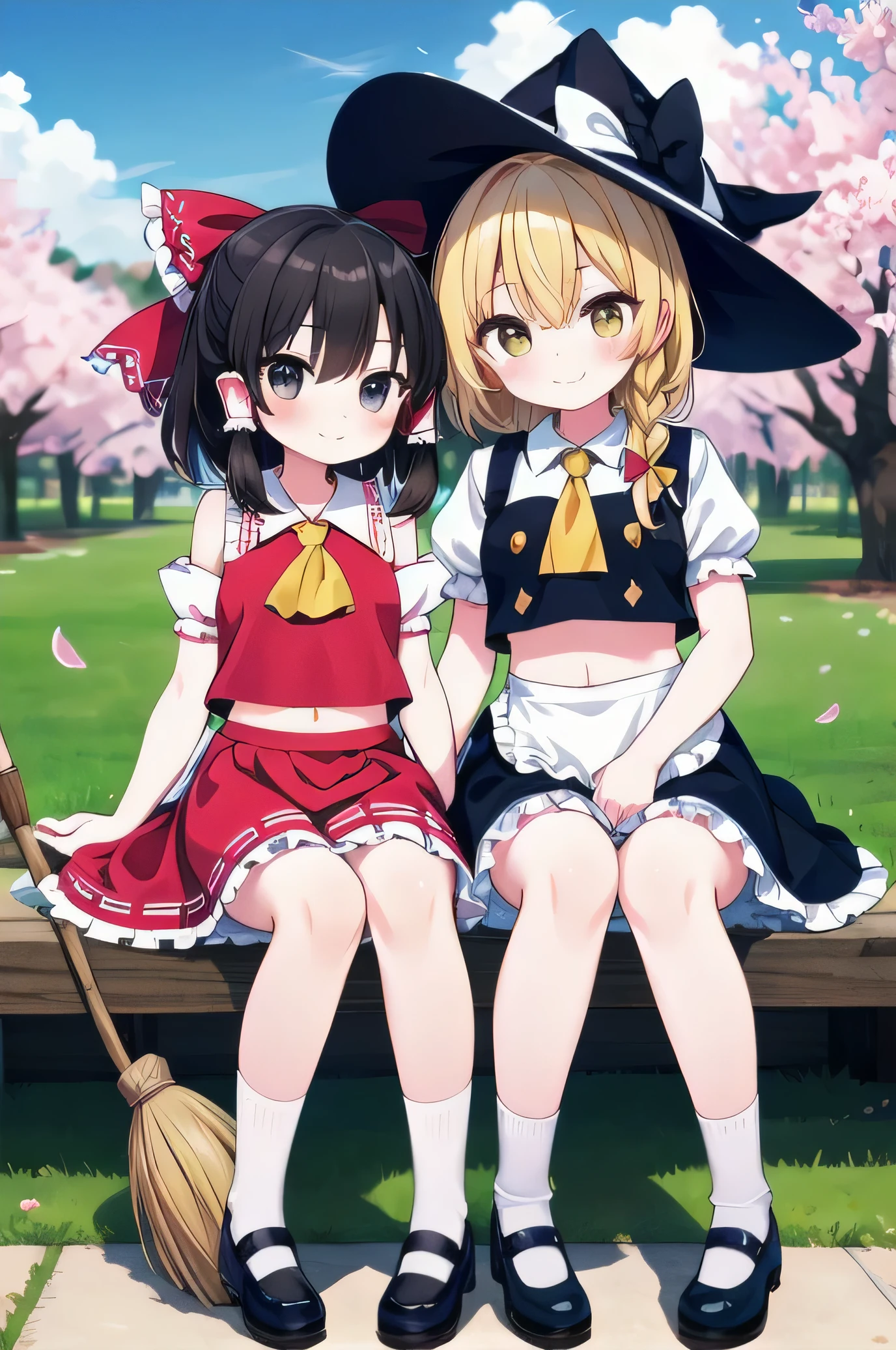 masterpiece, top quality, super detailed, CG illustration, high resolution, better lighting, best shadows, very delicate and beautiful, proper shading, hd, 8k,kirisame marisa, hakurei reimu, long hair, looking at viewer, blush, smile, multiple girls, skirt, blonde hair, shirt, black hair, hat, bow, navel, 2girls, sitting, underwear, yellow eyes, braid, short sleeves, hair bow, frills, detached sleeves, sky, shoes, socks, midriff, puffy sleeves, wide sleeves, black footwear, yuri, black eyes, apron, vest, red bow, puffy short sleeves, petals, ascot, single braid, witch hat, red skirt, holding hands, hair tubes, cherry blossoms, hat bow, waist apron, mary janes, broom, bloomers, yellow ascot, broom riding, sidesaddle