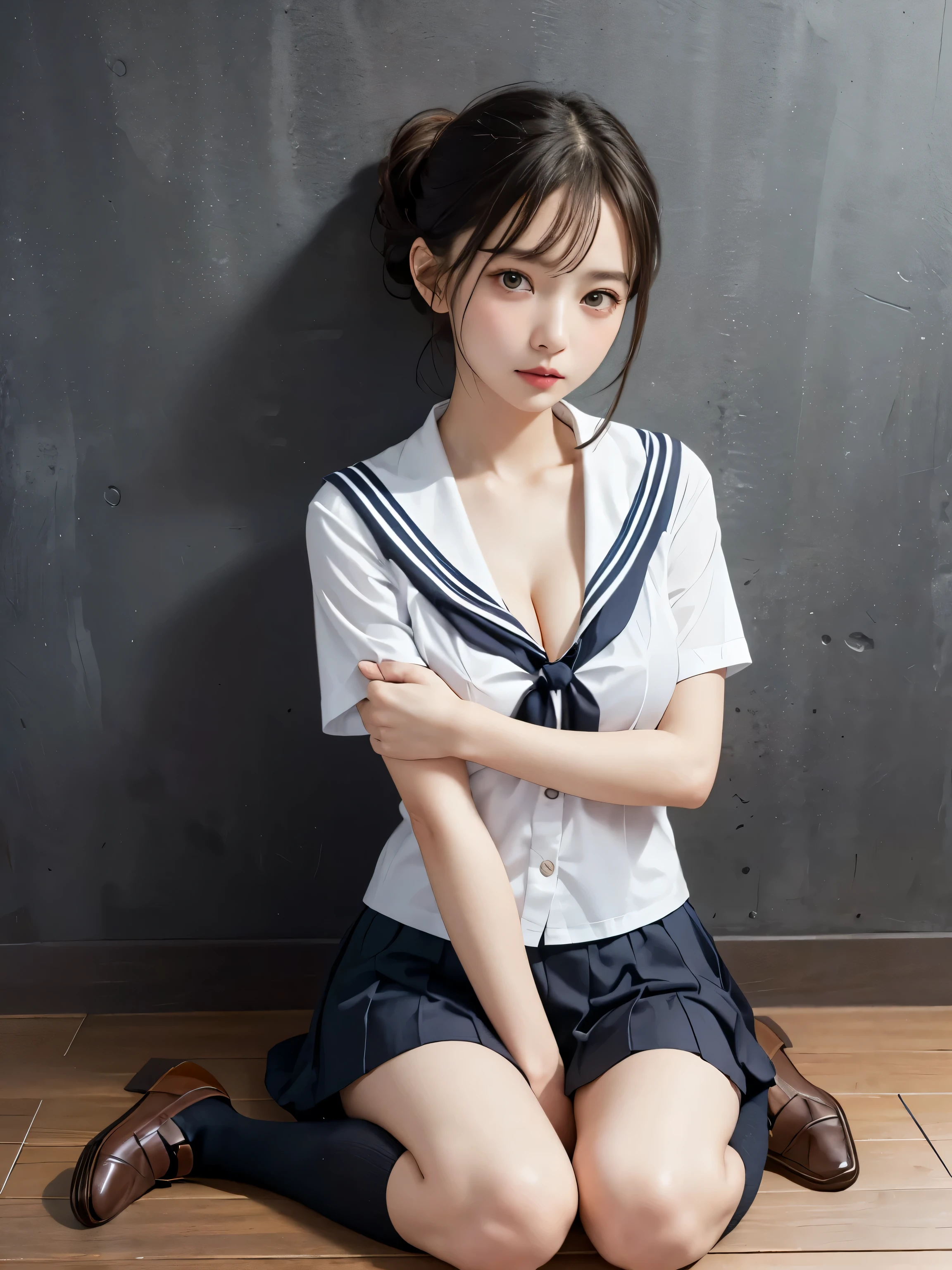 highest quality、professional writing、 Detailed workmanship、high resolution、(8K, High resolution:1.2)、(RAW photo, photorealistic:1.3)、masterpiece、slender body shape、high definition face、Face is in focus、high definition eyes、(Focused, symmetrical pupils:1.2)、slim body shape、High-definition and beautiful skin、firm skin、natural makeup、gross lip, High-definition hair texture、 (Japanese high school girl)、unparalleled beauty、、cute, (half updo:1.3), (classroom) break (sailor suit:1.3) break (black socks、black loafers:1.3), (Sitting on the floor by the wall:1.3), (hugging own breast tightly with arms:1.3), very cute, (very embarrassed:1.3), (blush:1.3), (afraid:1.3), Strange look、Looking up at the camera:1.2、(shirt front open:1.2), (cleavage, nsfw)