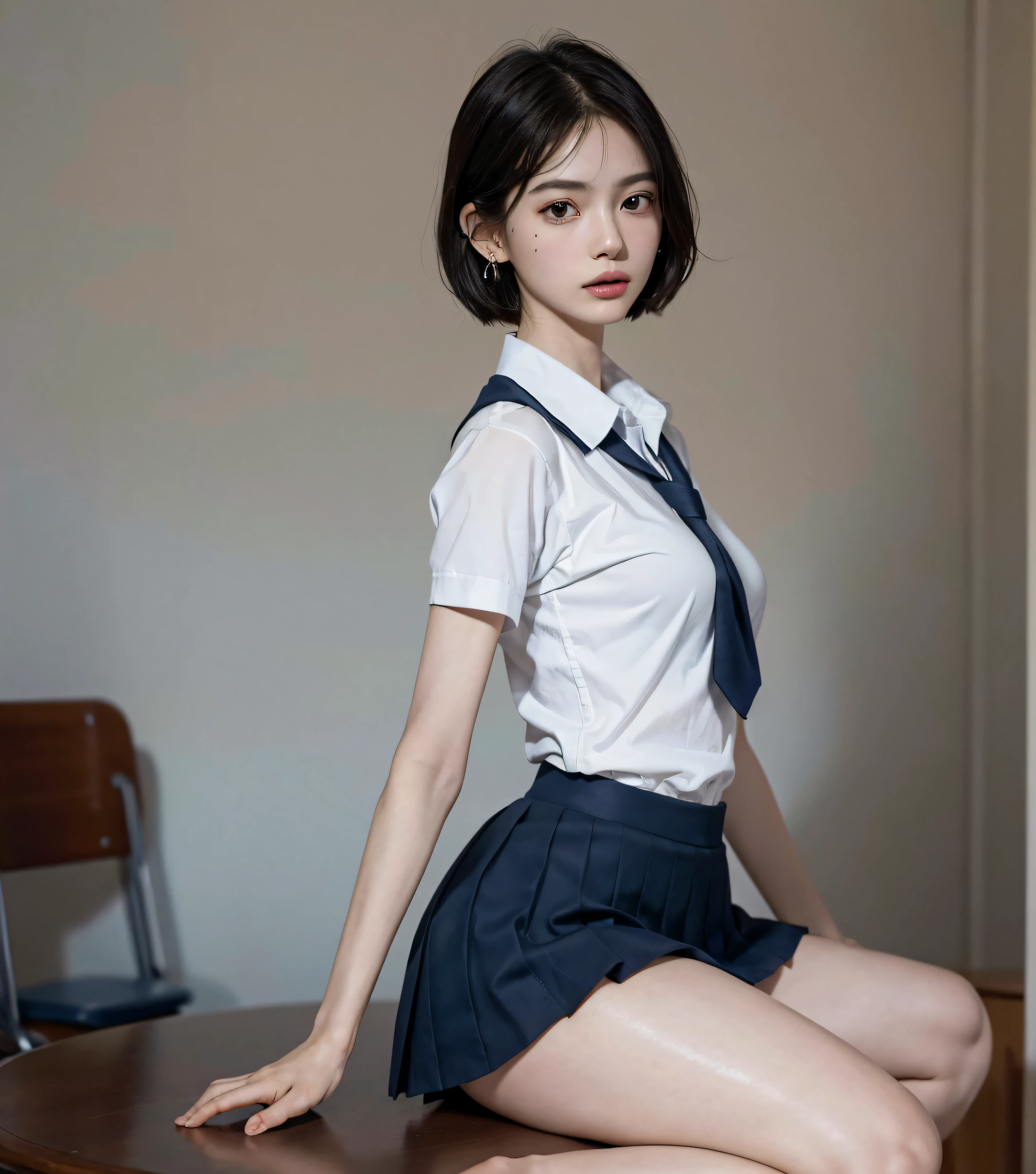 absurdres, RAW photo, extremely delicate and beautiful, masterpiece, Best Quality, ultra high resolution, 16k, hyperrealistic, ultra-detailed, (perfect anatomy), super Detailed skin, perfect figure, Very detailed CG 8k wallpaper, in her 20s, very Slim body, narrow waist, very small head, very small face, delicate facial features, tearful mole, earring, thin legs, (very huge round breasts), (full body shot), short medium hair, 2 girls, (((school uniform))),