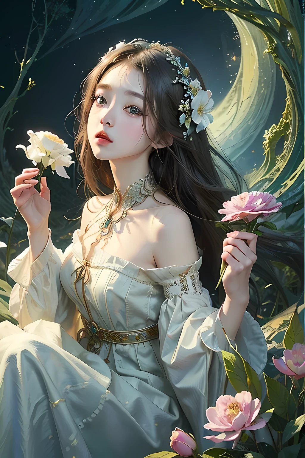 (​masterpiece、top-quality、top-quality、Official art、Beautifully Aesthetic:1.2)、(1girl in)、ighly detailed、(Fractal Art:1.3)、colourfull、highestdetailed flower goddess