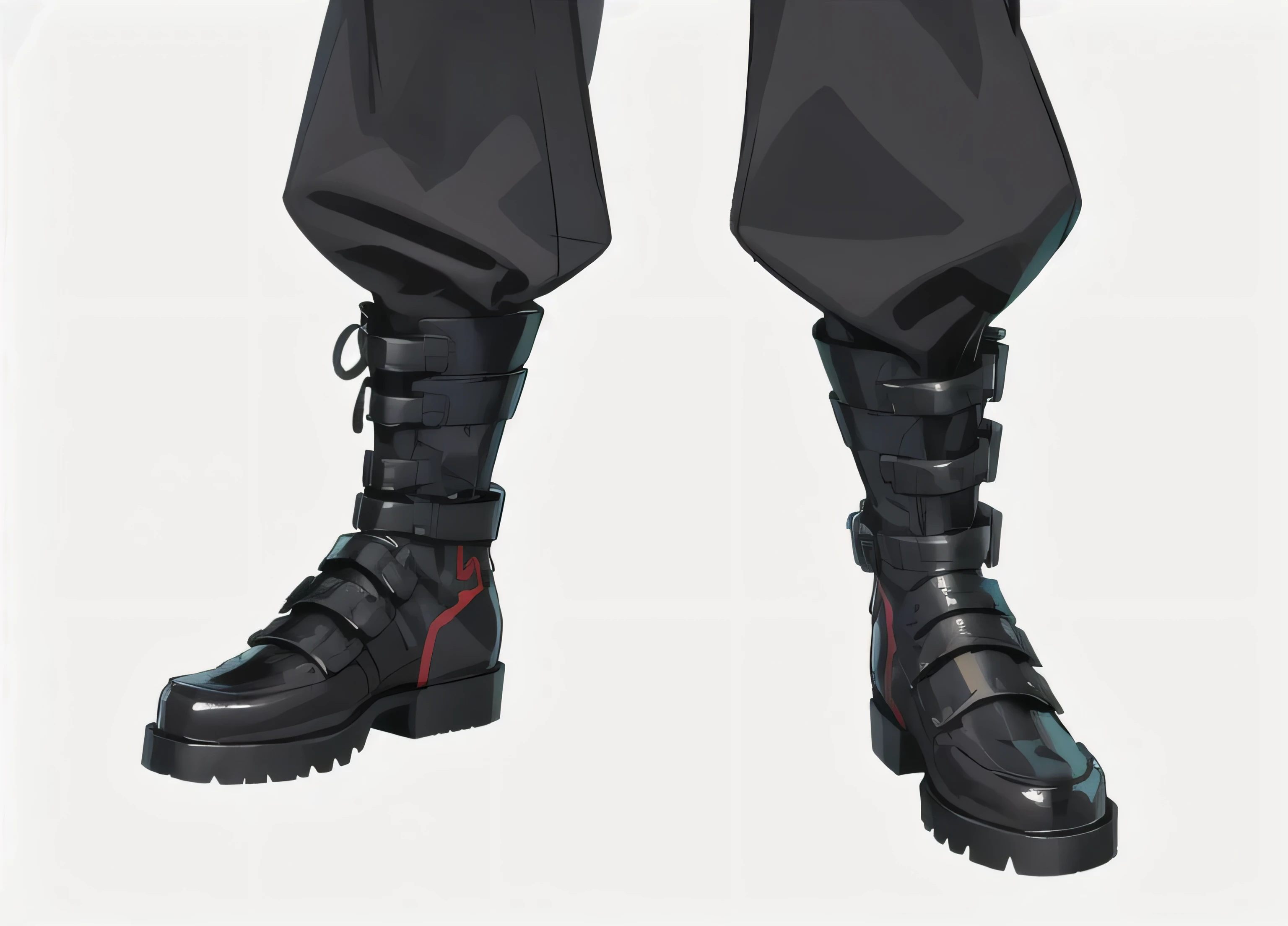 a close up of a person wearing black boots and a pair of black pants, heavy boots, cybernetic legs, battle shoes, official character art, detailed legs towering over you, cargo pants. cyberpunk city, full body details, striking detailed artstyle, detailed character art, concept artstyle, detailed full body concept art, stylized cel shading, persona 5 style