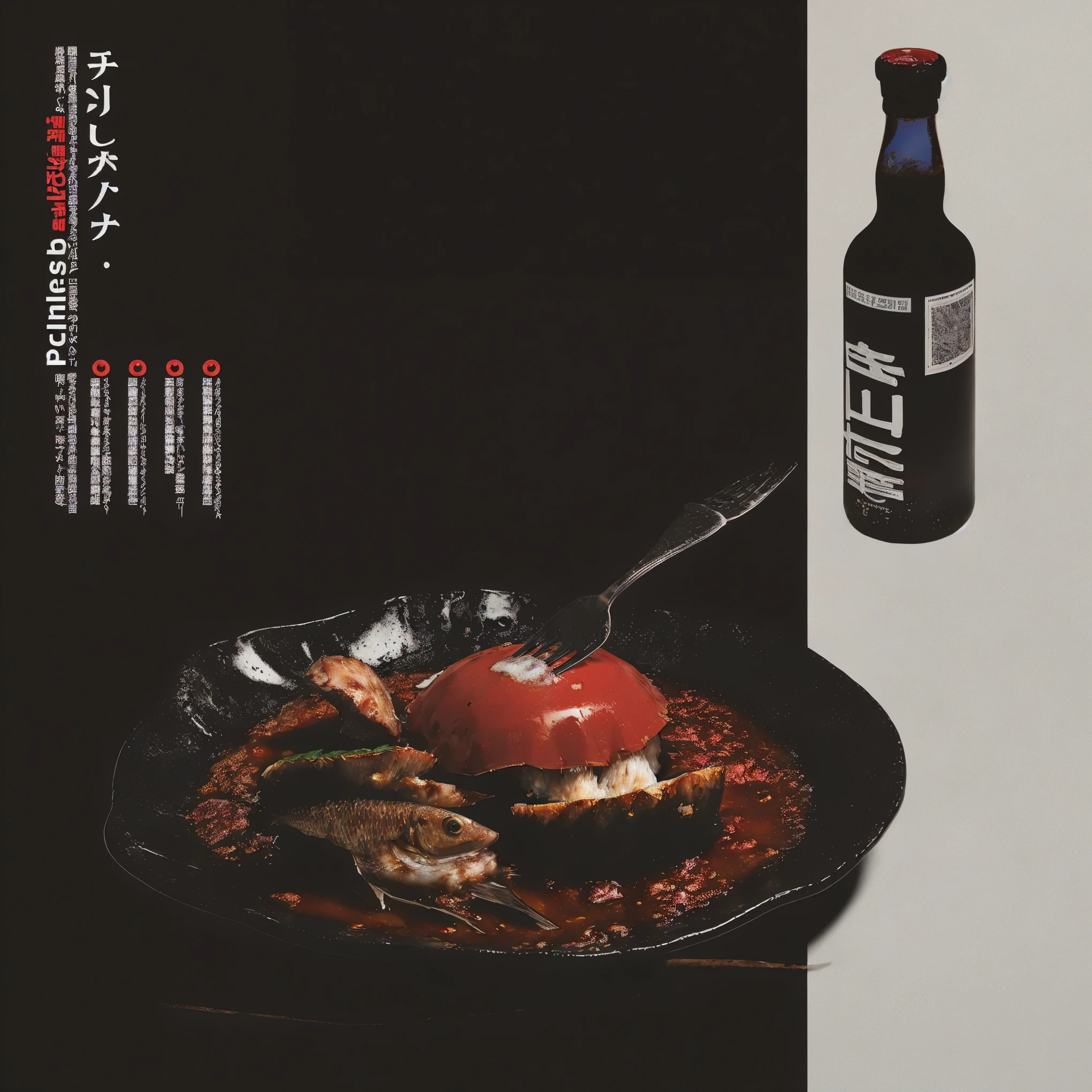 d for beer, dark background with japanese text on the left side of page, black plate filled food and tomato sauce in center, fork stuck into red shell on top of fish , bottle to right of picture, graphic design style, magazine ad inspired 