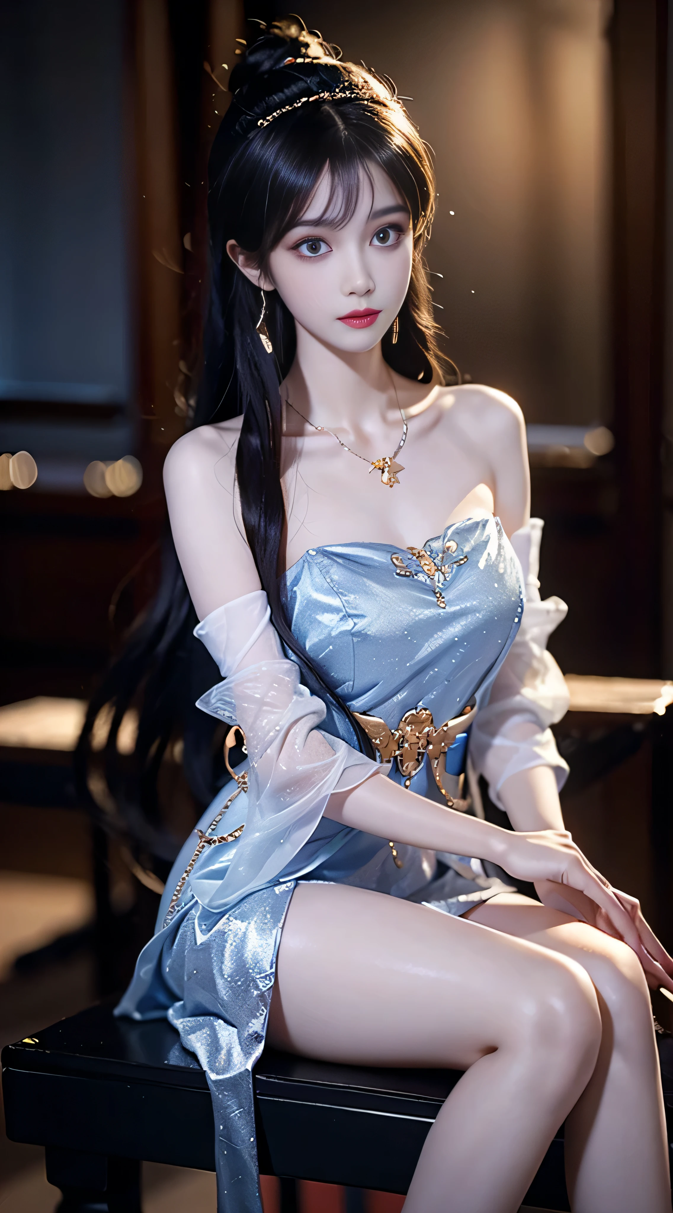 yinziping,china dress,((whole body)), ((Shot from random angles)), ((sitting position)), ((in the classroom, sitting on the podium)), (Yushuxin,1 girl,alone), clear face, pretty face, 8k, masterpiece, original photo, best quality, detail:1.2,lifelike, detail, Very detailed, CG, Unite, wallpaper, depth of field, movie light, lens flare, Ray tracing, (extremely beautiful face, beautiful lips, beautiful eyes), complex, detail face, ((ultra detailed skin)), 1 girl, in the darkness, deep shadow, beautiful korean girl, kpop idol,(Very slim figure:1.3), plump breasts, big breasts, Slender sexy legs, very nice legs, elegant posture, (bright smile), (City night, (neon lights), (night), beautiful korean girl, white diamond earrings, diameter bracelet, Dia Necklace, clear eyes, (big eyes)
