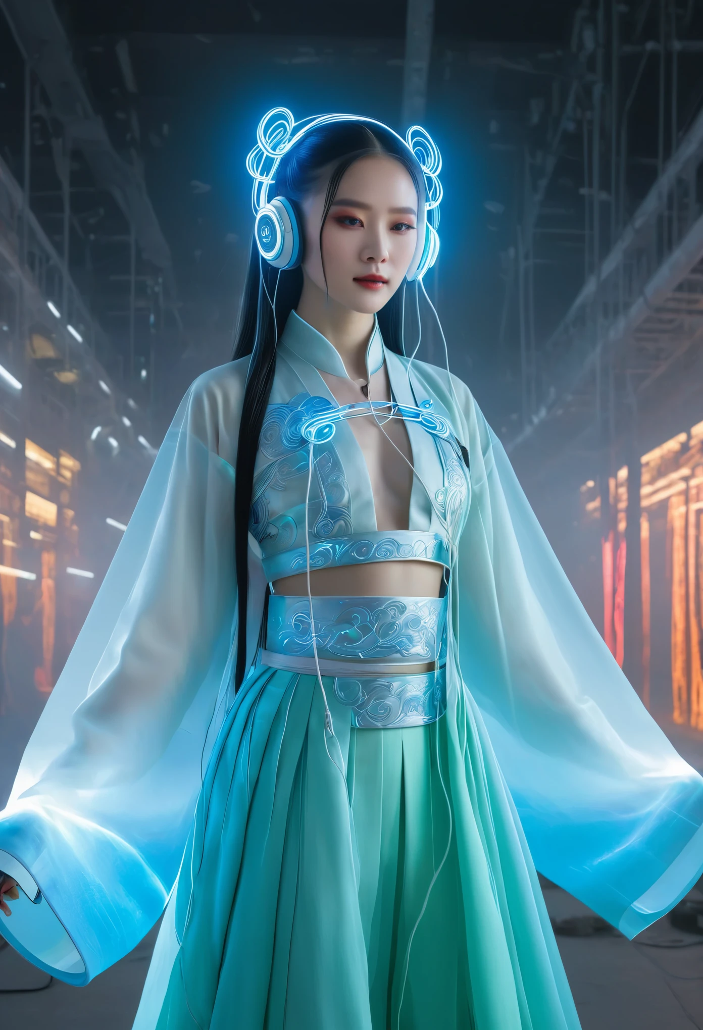 Tang suit，Chinese Hanfu，Photo of a woman wearing colorful technology, in a flowing surrealist style, shining/smooth, Accurate and realistic, Hard surface modeling, precisionist lines, Light silver and sky blue, project/construction and design，jade，Luminous headphones, Luminous hair accessories, long hair, Luminous earrings, glow necklace, cyberpunk,transparent clothes